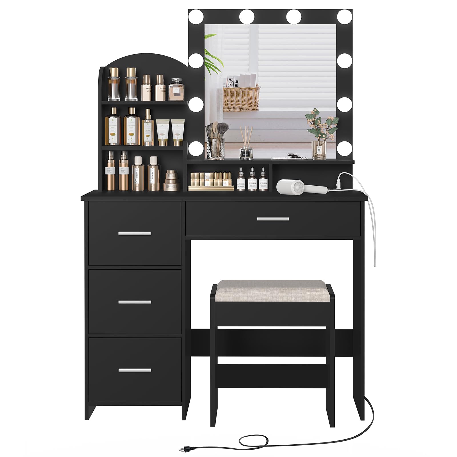 Quimoo Vanity Desk with Mirror & 10 LED Lights - Makeup Vanity Set with Charging Station, 4 Drawers & Shelves - Vanity Table with Cushioned Stool for Bedroom, Black - Perfect for Makeup Application, Skincare Routine & Home Decor