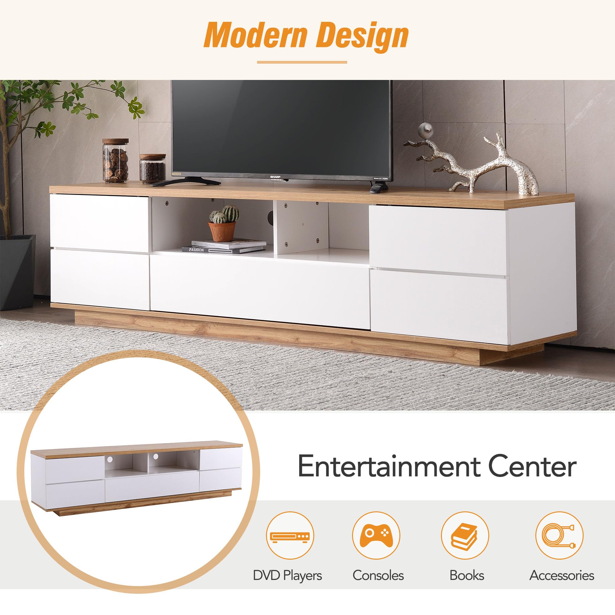 Modern White Merax Wood TV Stand Entertainment Center with Storage Cabinets & Open Shelves - 80