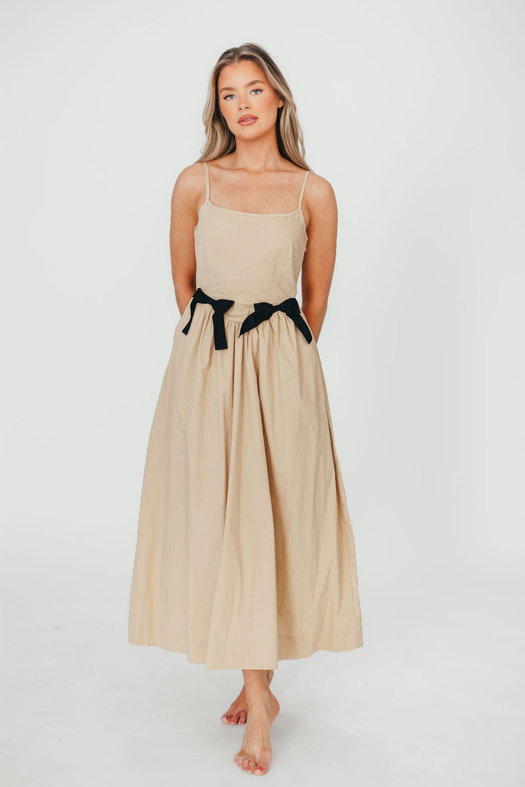 Celeste Square Neck Midi Dress with Bow Detail in Khaki - Elegant Women's Summer Dress for Weddings, Parties & Date Nights