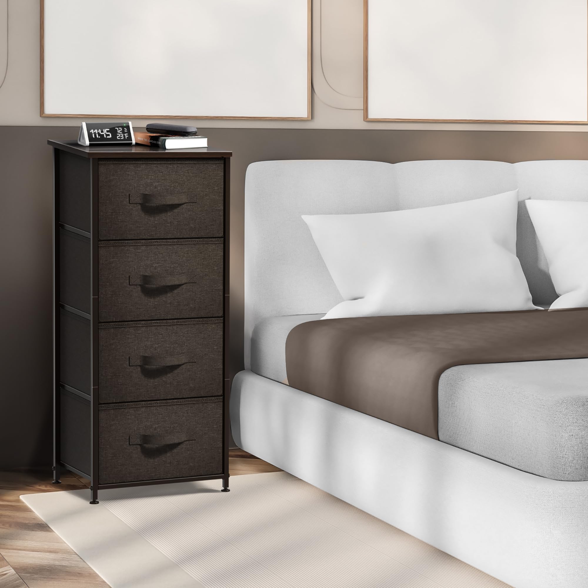Sorbus 4-Drawer Nightstand - Modern Bedside Table with Steel Frame & Wood Top, Easy Pull Fabric Bins for Bedroom, Office, Dorm | Perfect for Small Spaces, Storage Organization & Home Decor