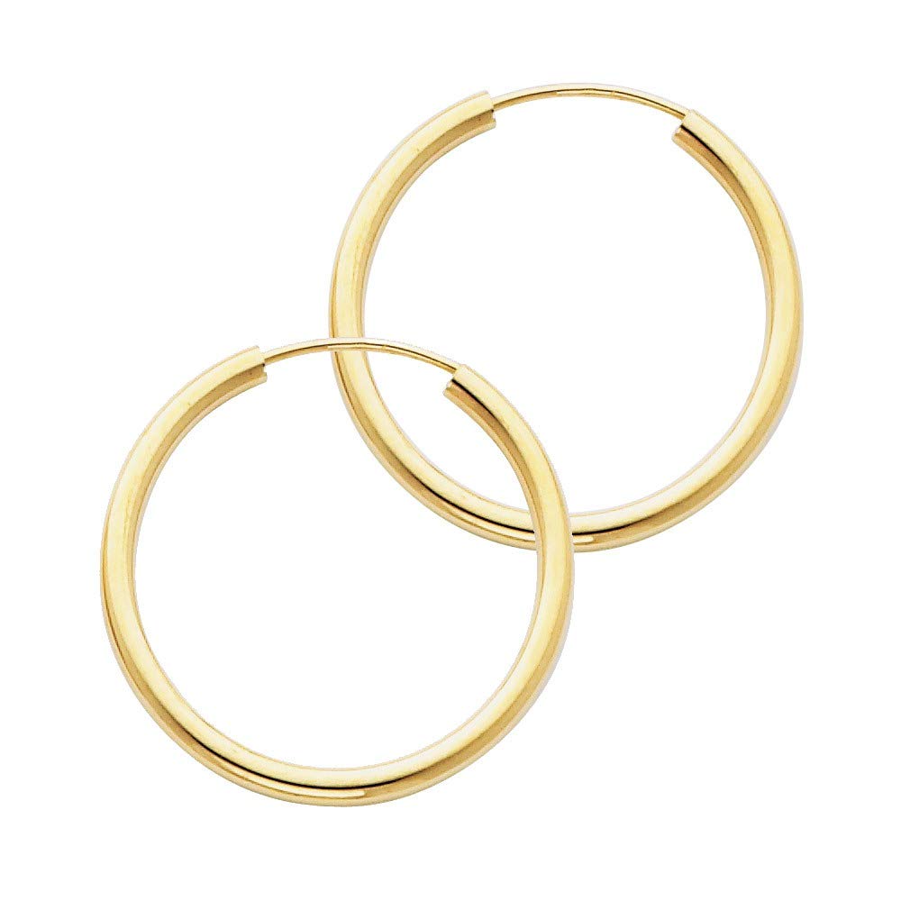 14K Yellow Gold 2mm Round Tube Polished Endless Hoop Earrings 25mm - Dainty Minimalist Jewelry for Women - Perfect for Everyday Wear, Parties & Special Occasions