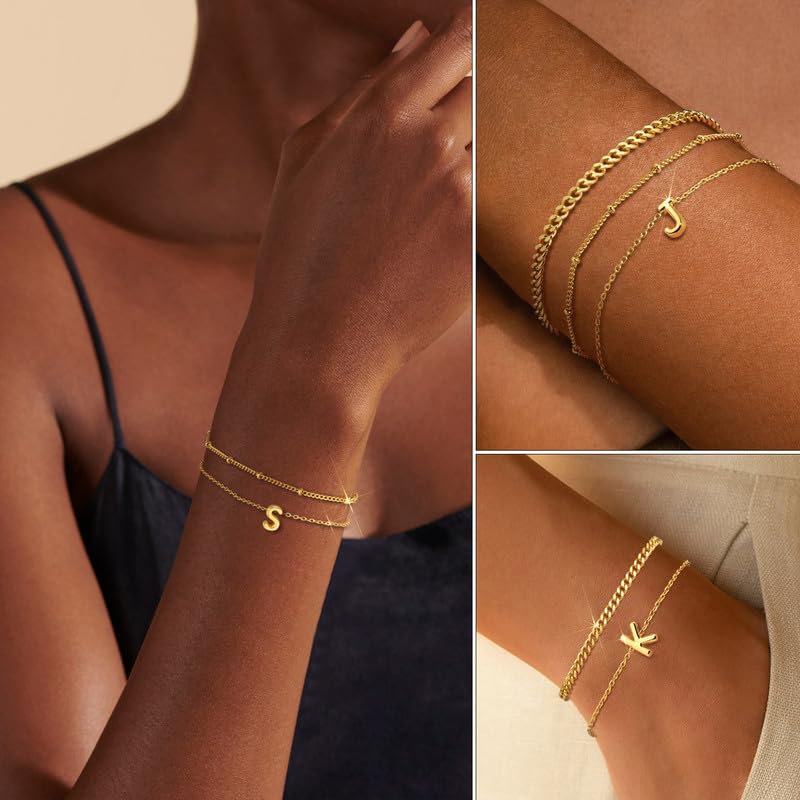 3 Pcs 14K Gold Plated Initial Bracelets for Women - Stackable Letter Charm A-Z Monogram Bracelet Set, Anti Tarnish Jewelry Gifts for Her - Perfect for Birthday, Anniversary, Valentine's Day & Everyday Wear