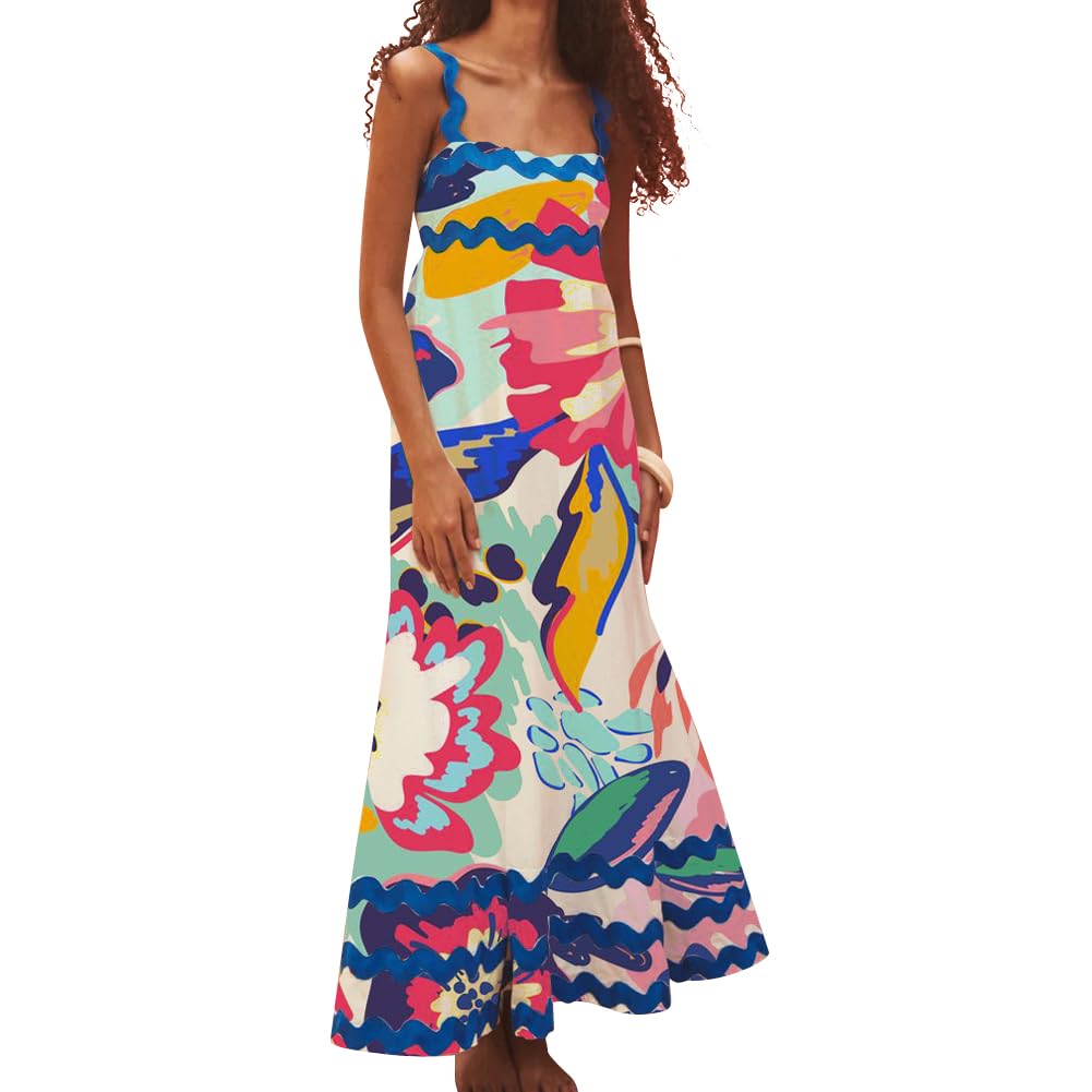 IDOPIP Women's Floral Maxi Dress - Summer Casual Spaghetti Strap Sundress, Smocked Waist, Elegant Beach Wedding Guest Dress for Outdoor Parties, Vacations & Date Nights