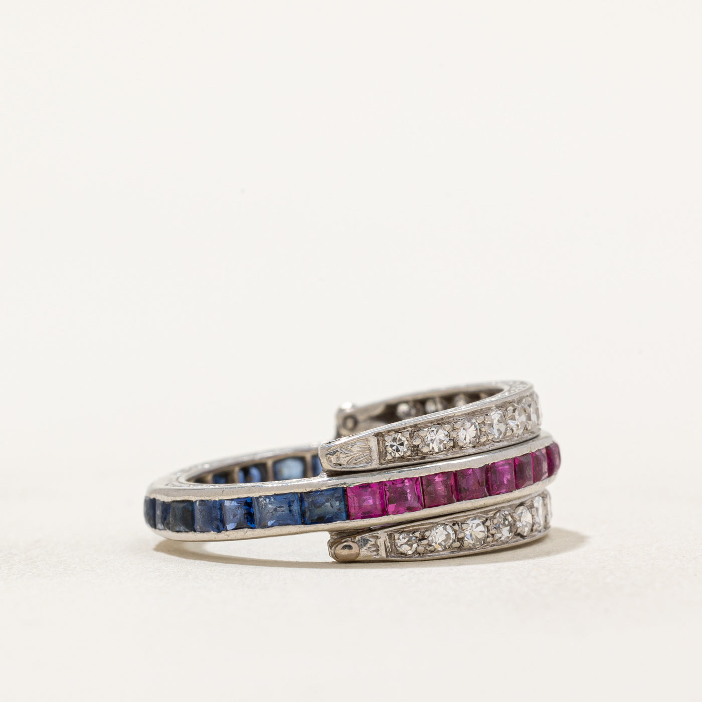 Art Deco Platinum Ruby Sapphire & Diamond Convertible Ring - 1.55ctw Gemstones, 0.58ctw Diamonds - Size 7 | Vintage Style Jewelry for Weddings, Anniversaries & Special Occasions