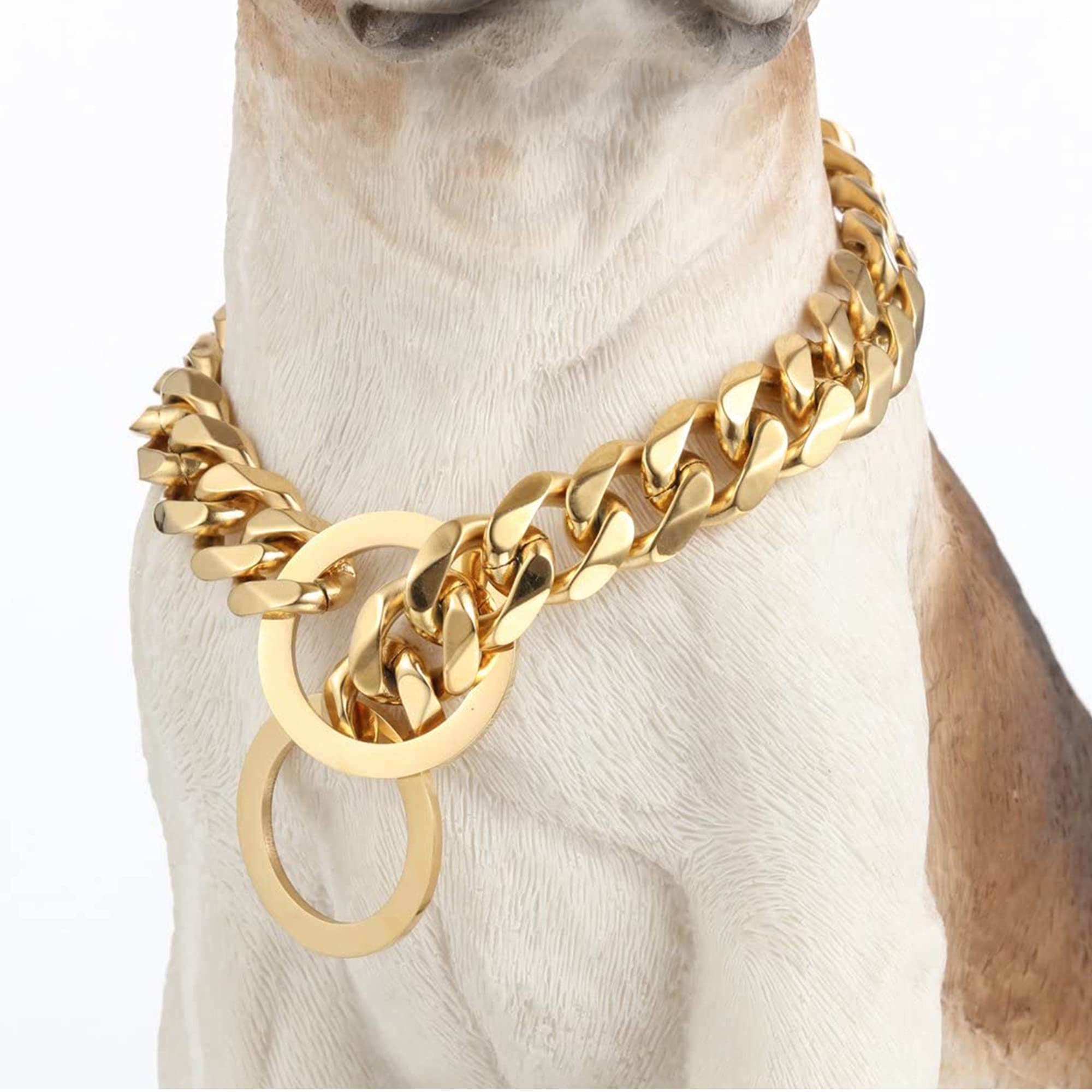 TXPRO Dog Chain Collar - 15mm Thick Chew Proof Heavy Duty Stainless Steel Cuban Link Dog Collar for Small, Medium & Large Dogs - Gold Metal Dog Collar for Training, Walking & Outdoor Activities