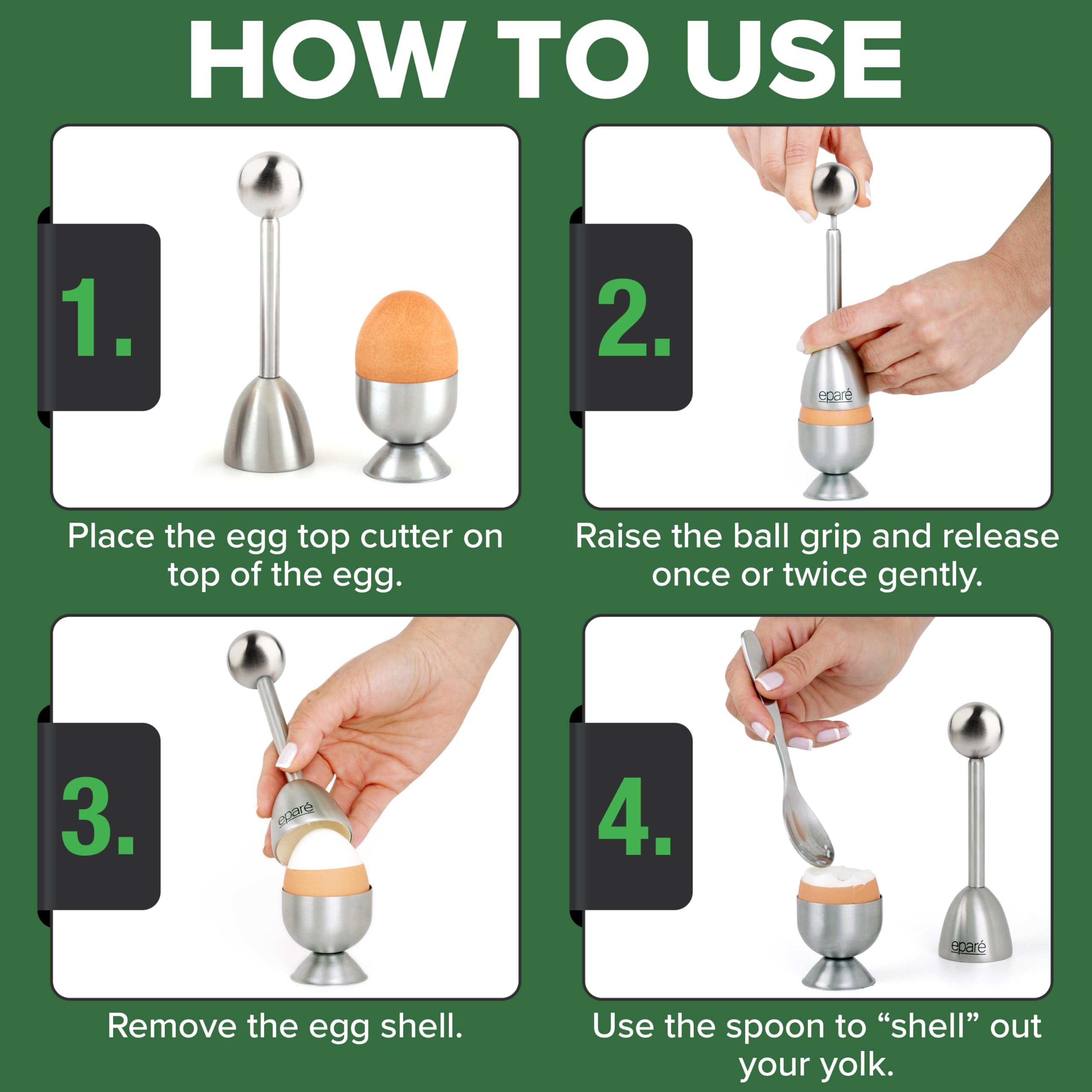 Eparé Stainless Steel Egg Cups & Cracker Set - British Style Soft Boiled Egg Holder with Egg Topper Cutter & Spoons - Perfect for Breakfast, Brunch, and Elegant Dining
