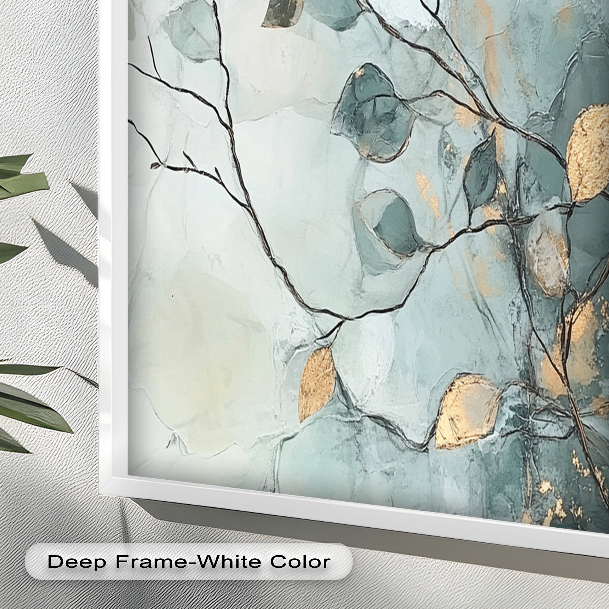 Blue and Metallic Leaf Branch Abstract Oil Painting - Handmade Canvas Wall Art for Living Room, Bedroom & Office Decor