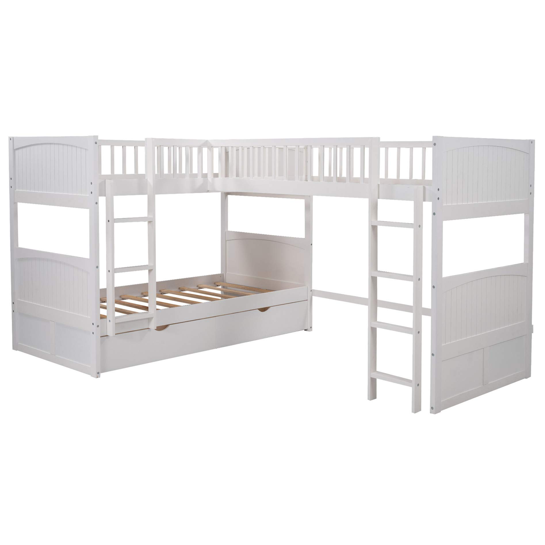 **White Wood Triple Bunk Bed with Drawers - L-Shaped 3-Person Bunk Bed, Twin Over Twin with Loft - Space-Saving Kids, Teens & Adults Bedroom Furniture for Small Rooms, Dorms, Cabins & Shared Spaces**
