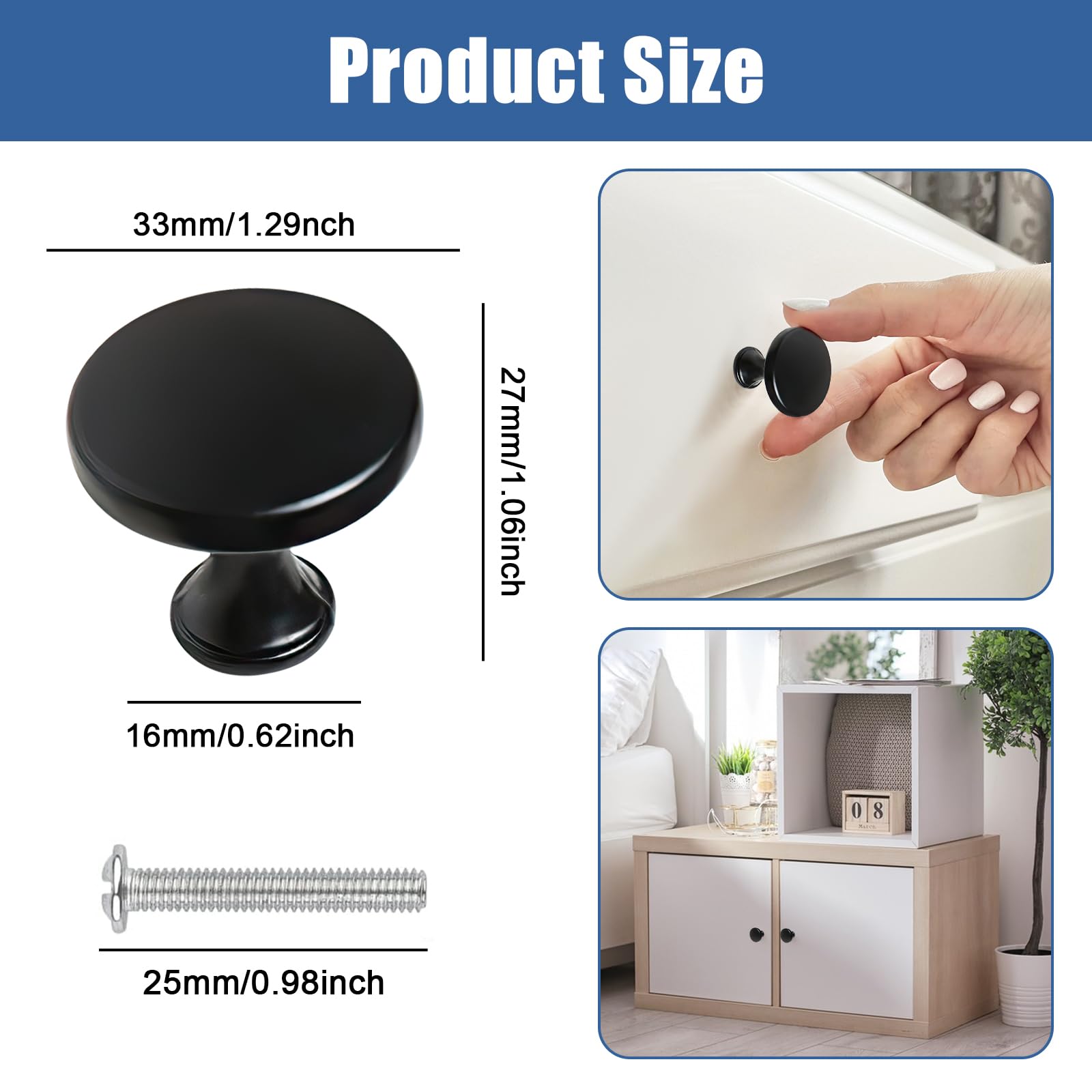 6 Pack Black Cabinet Knobs 1.3 Inch (3.3cm) - Drawer Pulls with Screws for Closet Doors, Dressers & Kitchen Cabinets - Durable Hardware for Home Organization & Furniture Upgrade