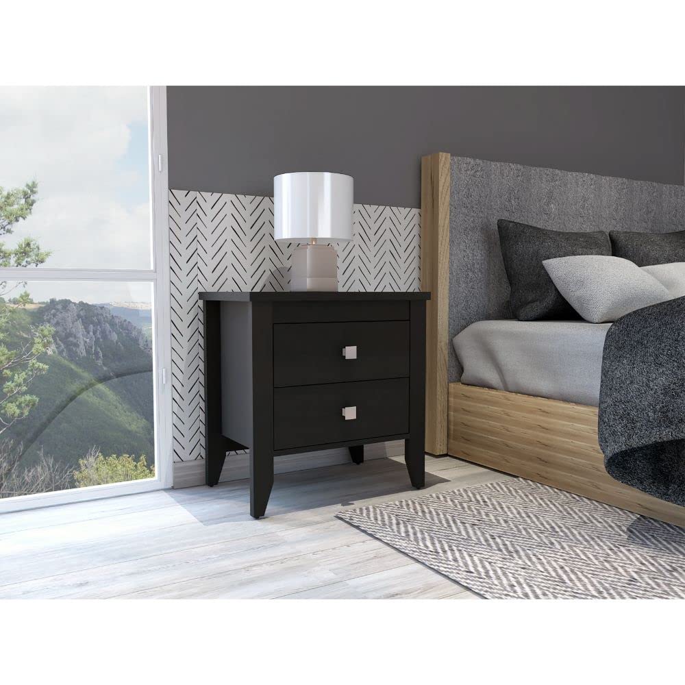 Modern 4-Legged Nightstand with 2 Drawers for Bedroom - Black Wood Side Table | Perfect for Small Spaces, Apartment Living & Bedroom Storage
