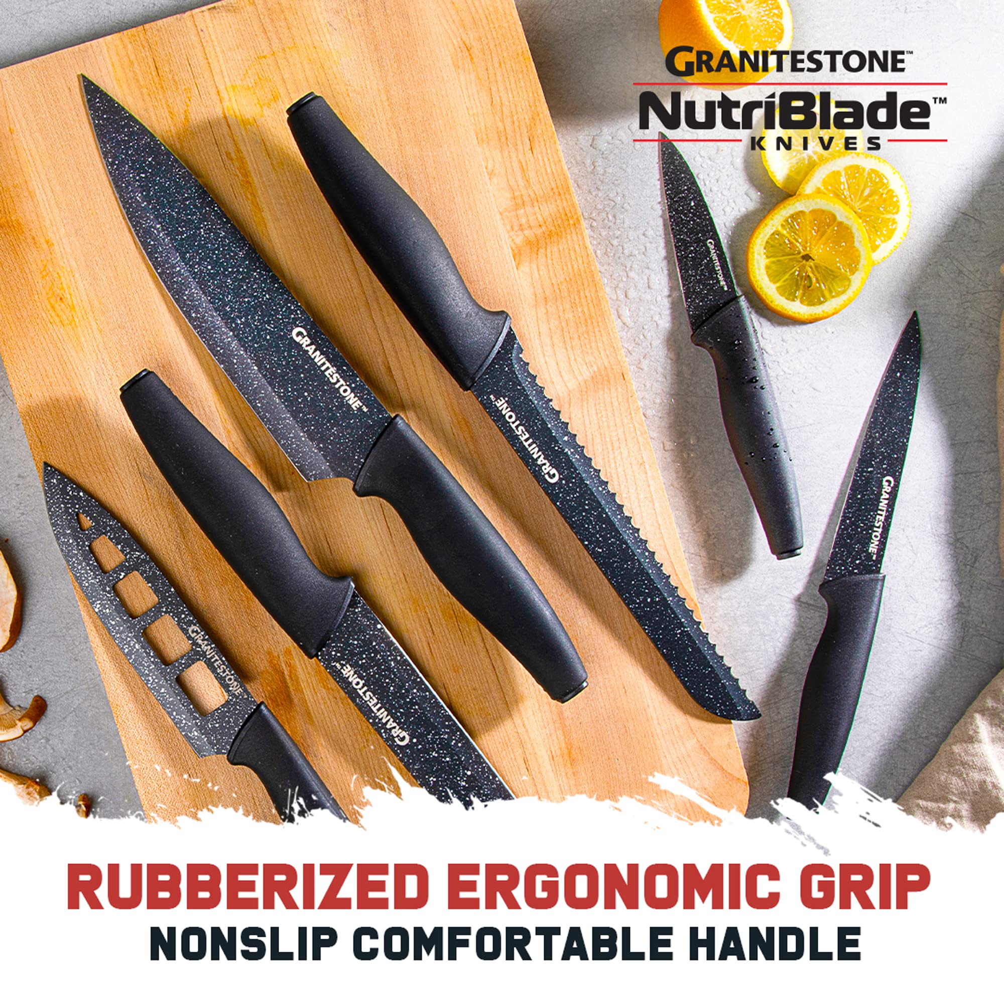 Granitestone Nutriblade 6-Piece Professional Chef Knife Set with Block - Ultra Sharp Stainless Steel Knives with Nonstick Granite Coating, Ergonomic Grip, Dishwasher Safe (Black) - Perfect for Home Cooking, Professional Kitchens & Gift Giving