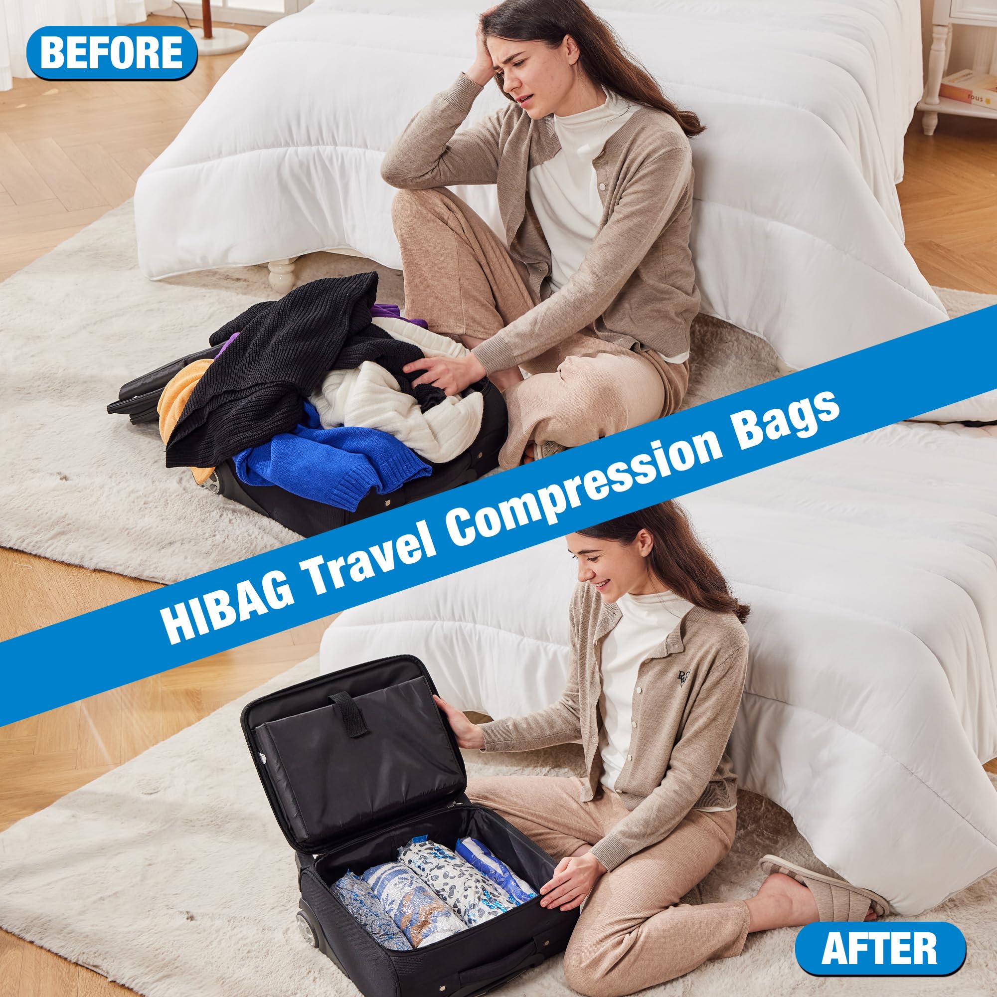 HIBAG 12-Pack Travel Compression Bags - Vacuum Seal Space Saver Storage Bags for Clothes, Blankets & Travel Essentials | Perfect for Cruise, Camping & Airplane Luggage Organization