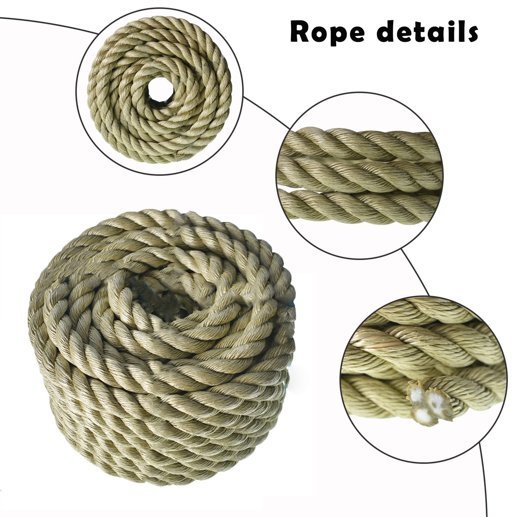 50 FT Twisted 3-Strand Polypropylene Rope - Synthetic Manila Rope for Tree Work, Camping, Boating & Swing - Heavy Duty Outdoor & Marine Use