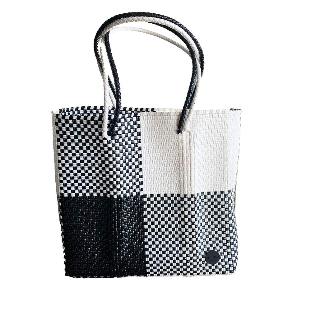 Stylish Handmade Woven Tote Bag - Eco-Friendly Recycled Plastic Beach & Market Bag - Small Boho Chic Carryall for Women (Black/White, Square Design) - Perfect for Shopping, Travel & Summer Outings