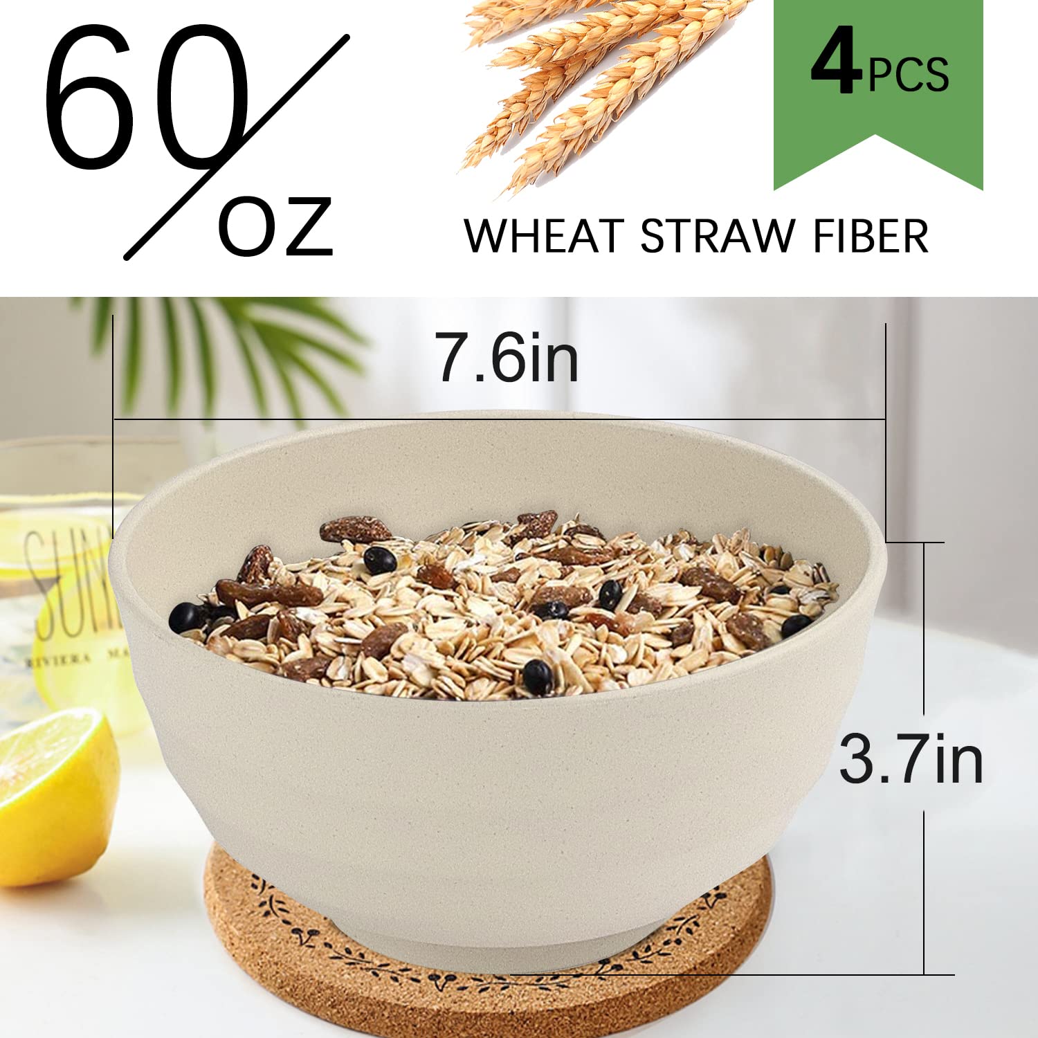 4-Piece Wheat Straw Bowl Set - 60oz Unbreakable, BPA-Free Cereal Bowls - Microwave & Dishwasher Safe - Perfect for Soup, Oatmeal, Salad - Ideal for Family Dinners, Picnics & Outdoor Camping