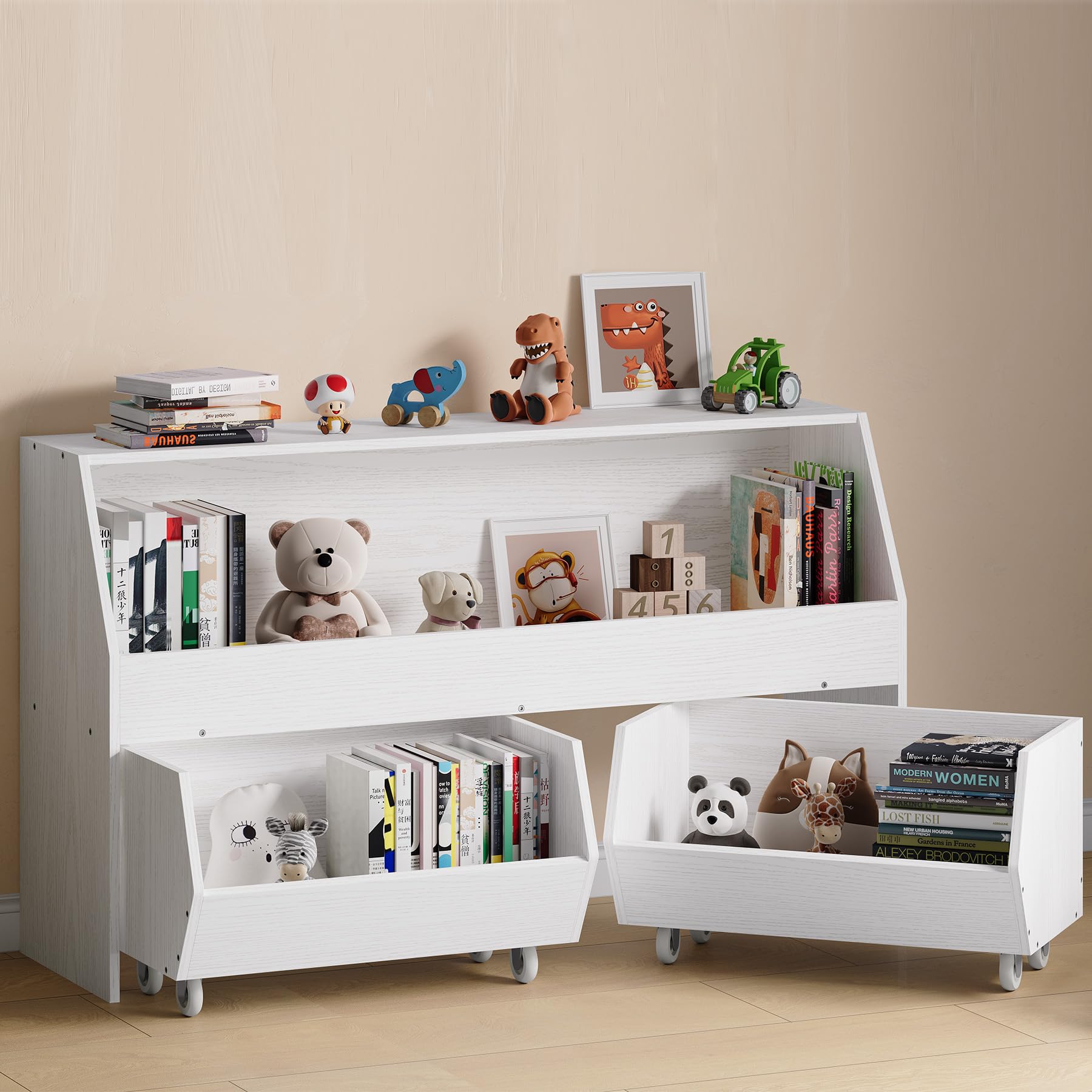 Kids Bookshelf Toy Storage Organizer - Multi-Functional Bookcase with Moveable Drawers for Boys & Girls - Toddler Storage Cabinet in Oak Finish - Perfect for Bedroom, Playroom & Nursery Organization