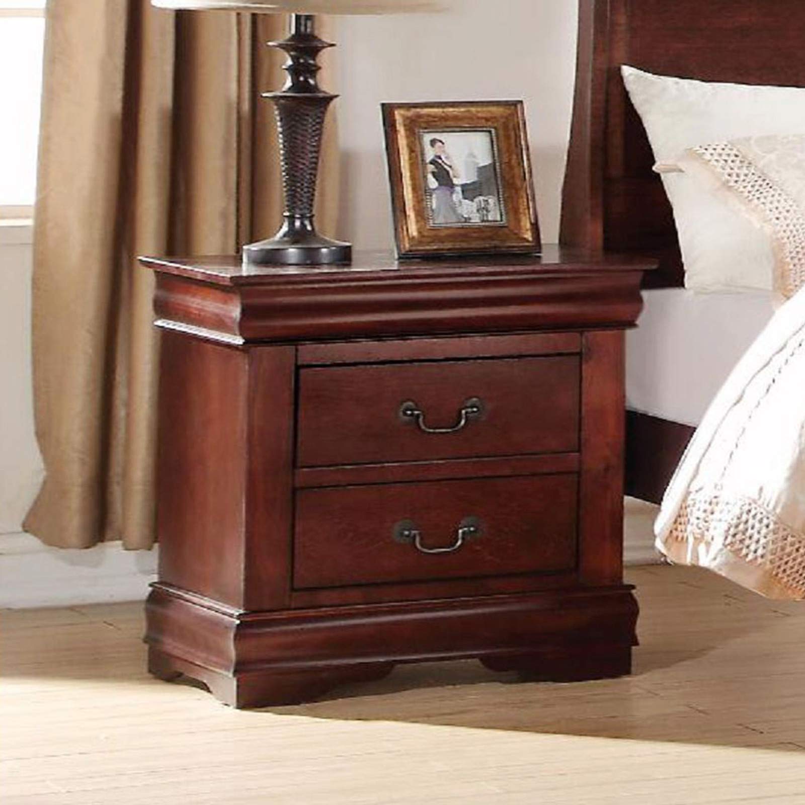 YIREAUD 2 Drawer Solid Wood Nightstand - Cherry Finish Antique Style Bedside Table for Bedroom, Living Room & Home Decor - Perfect for Storage, Reading Lamp Placement & Cozy Bedside Organization