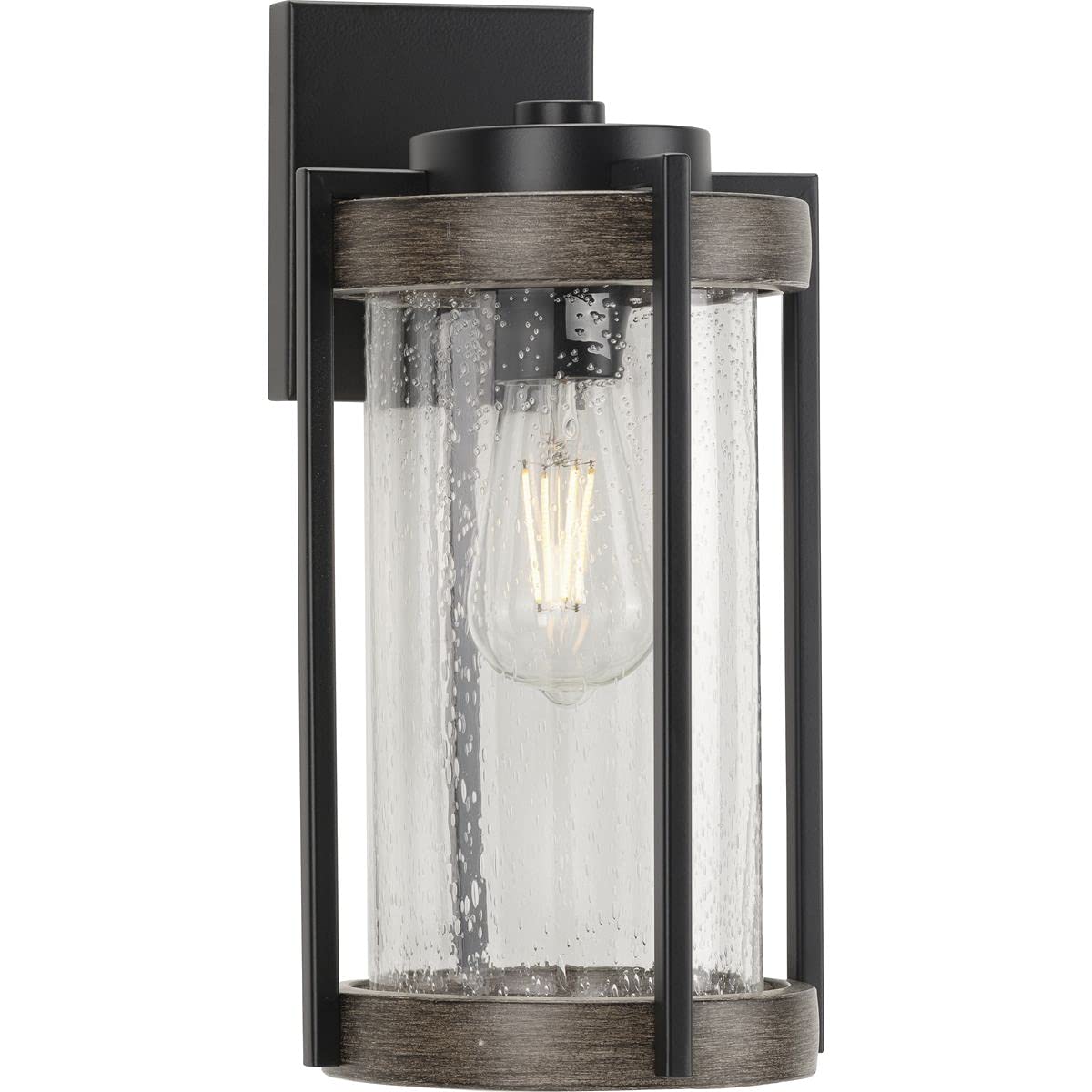 Whitmire Collection 1-Light Clear Seeded Glass Farmhouse Outdoor Wall Lantern with Aged Oak Accents in Matte Black - Perfect for Porch, Patio, Garden, and Entryway Lighting