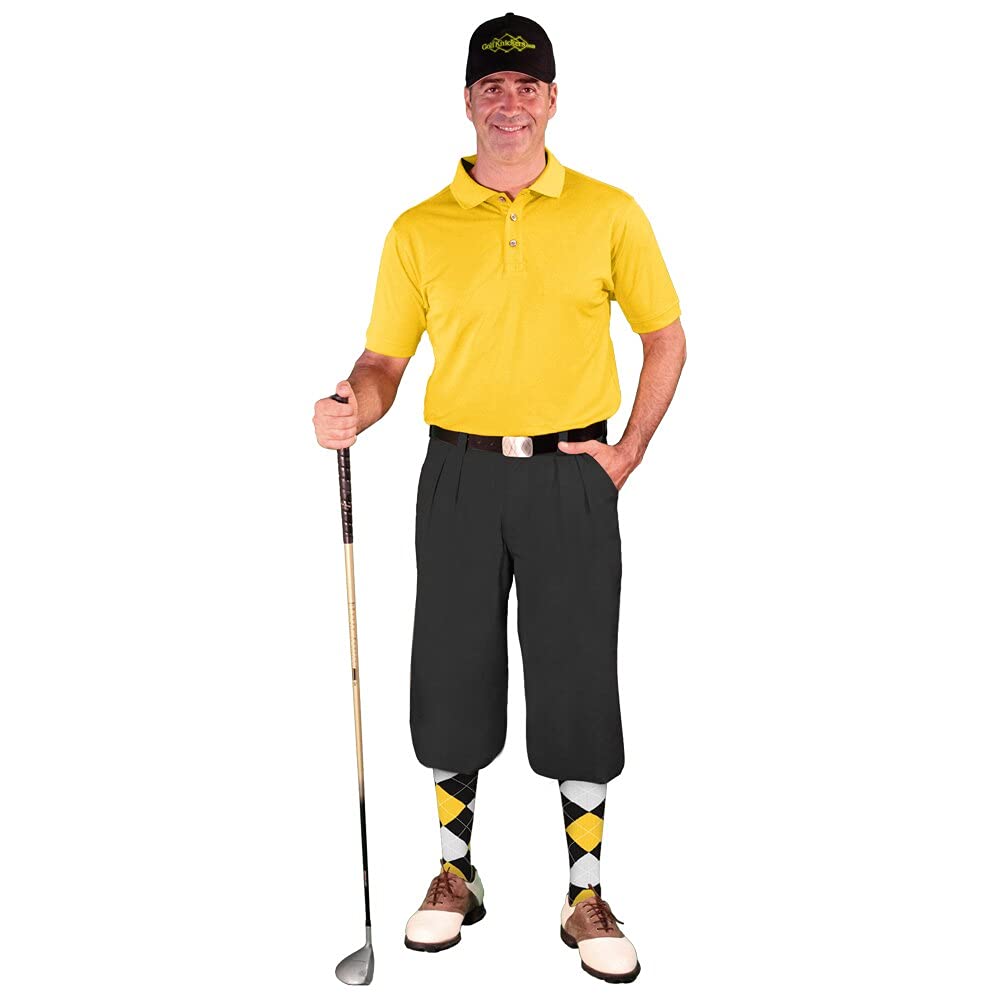 Men's Black Microfiber Outfit Set - Limited Edition Ball Cap, Over-The-Calf Argyle Socks & Yellow Golf Shirt | Perfect for Golfing, Casual Wear & Sports Events