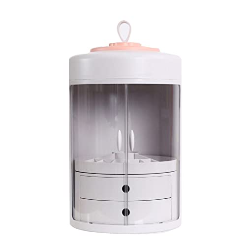 360° Rotating Double Door Makeup Organizer with 2 Drawers - Transparent Waterproof Cosmetic Storage Case for Lipstick, Skincare & Beauty Products | Portable Dustproof Vanity Display with Carry Handle | Perfect for Home, Travel & Salon Use