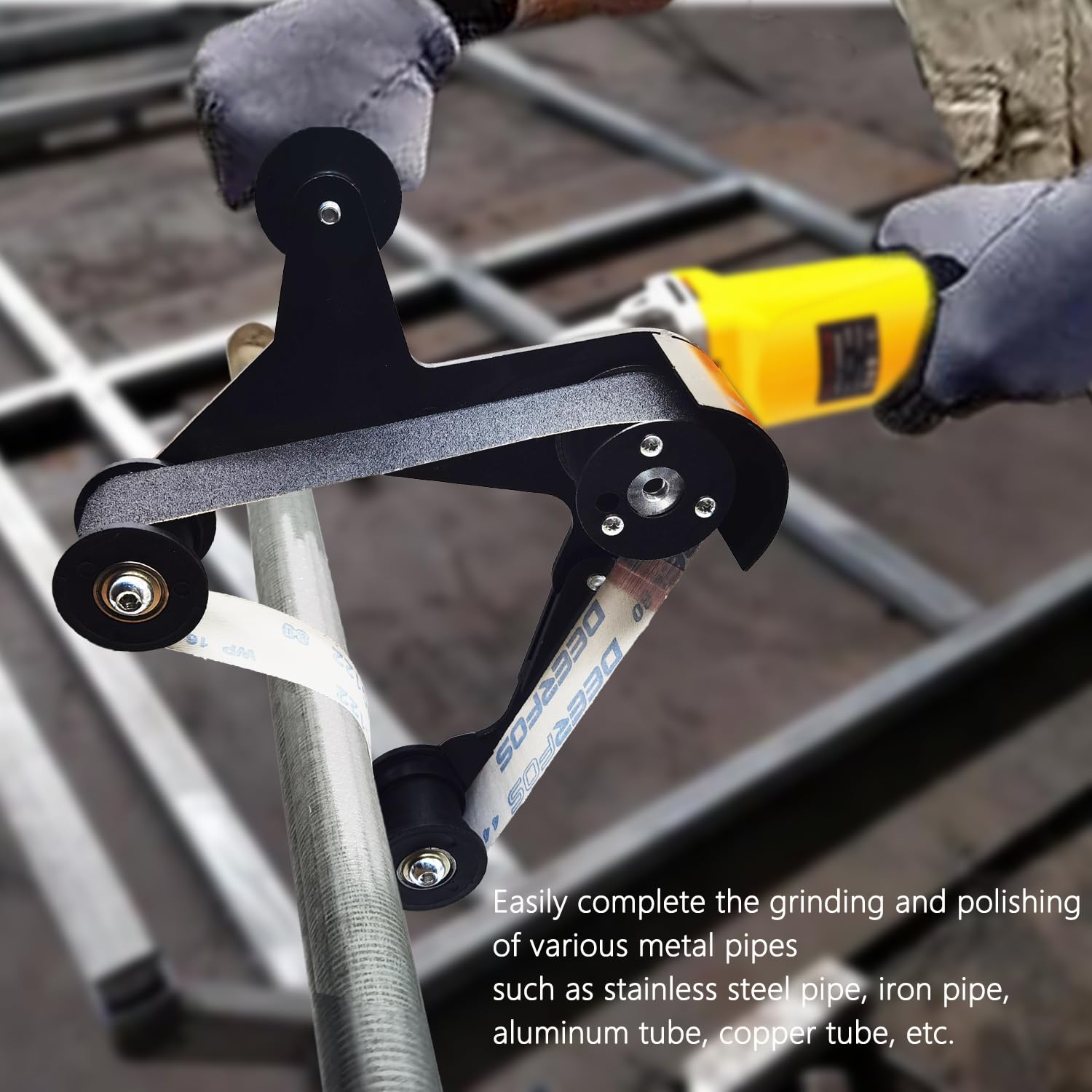 Angle Grinder Belt Sander Adapter - 5/8-11 Thread Pipe & Tube Sanding Attachment - 5pc Silicon Carbide Sand Belts - Professional Metal Polishing & Woodworking Tool for Rust Removal - Perfect for DIY Projects, Automotive Repair & Furniture Refinishing