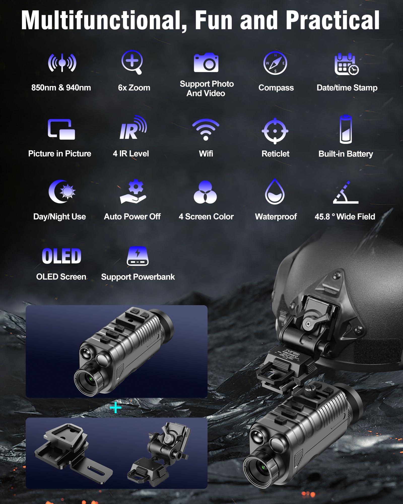 Nightiger Dual IR Night Vision Monocular for Adults - Helmet Mountable OLED Night Vision Goggles with 850nm/940nm IR, Rechargeable Battery, 4K HD Camera & Digital Zoom - Perfect for Hunting, Surveillance, Wildlife Observation & Nighttime Security