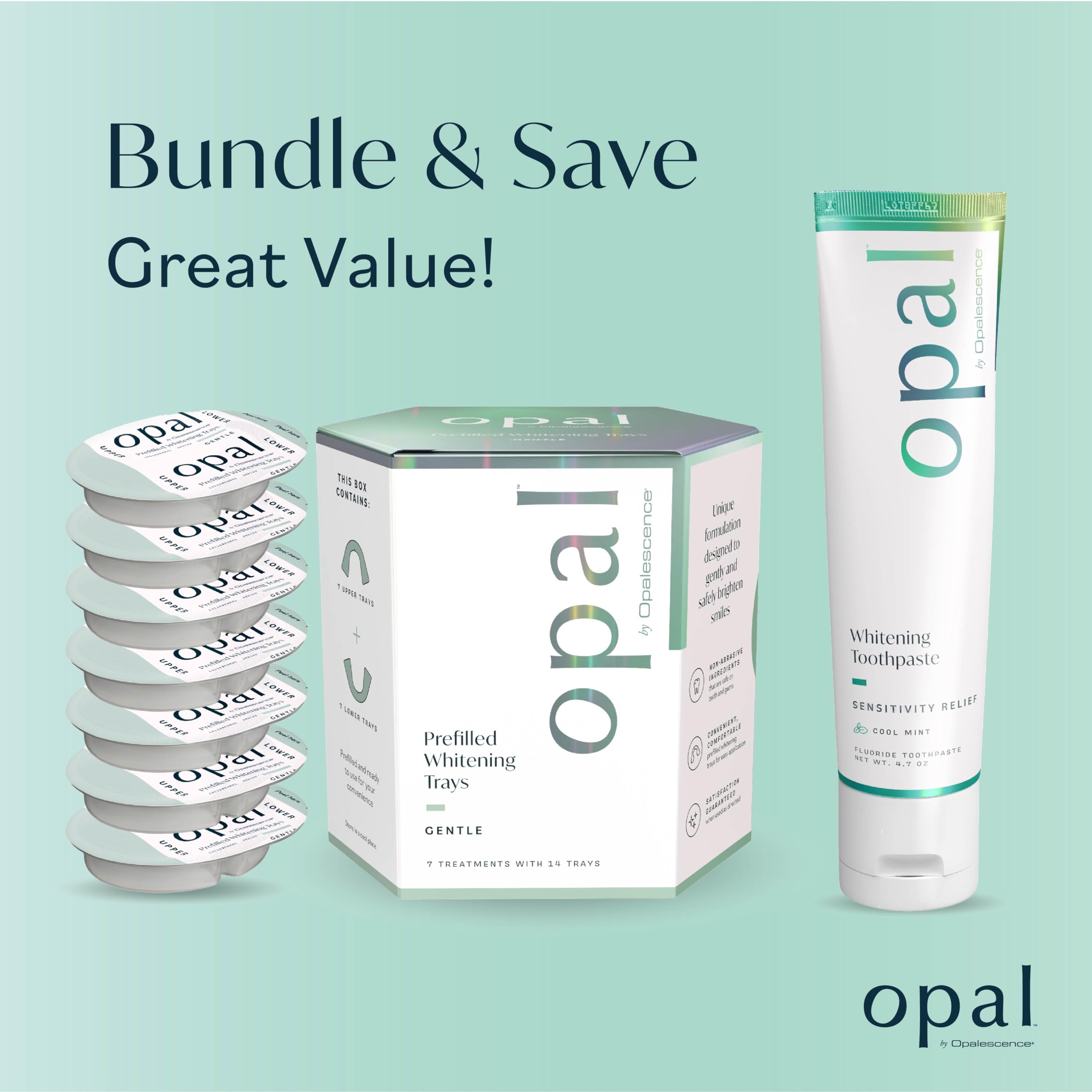 Opalescence Go Teeth Whitening Kit - 7 Prefilled Trays with Sensitivity Toothpaste (4.7oz) | Hydrogen Peroxide Formula | Cool Mint Flavor | Professional Whitening for Sensitive Teeth | At-Home & Travel Use | Made by Ultradent 5761-5526-1