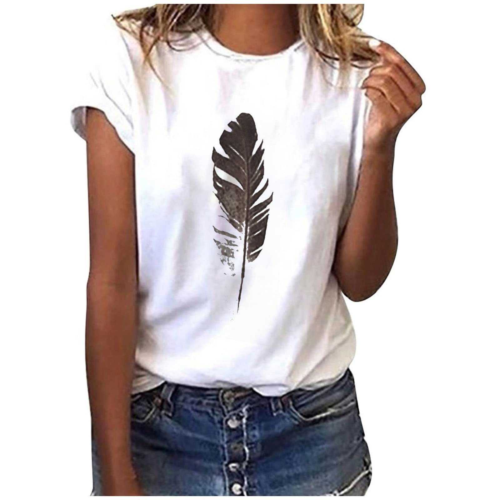 Women's Fashion Feather Print Crewneck Short Sleeve T-Shirt - Elegant Casual Blouse & Dressy Top for Everyday Wear | Office, Party & Weekend Outfits 2023