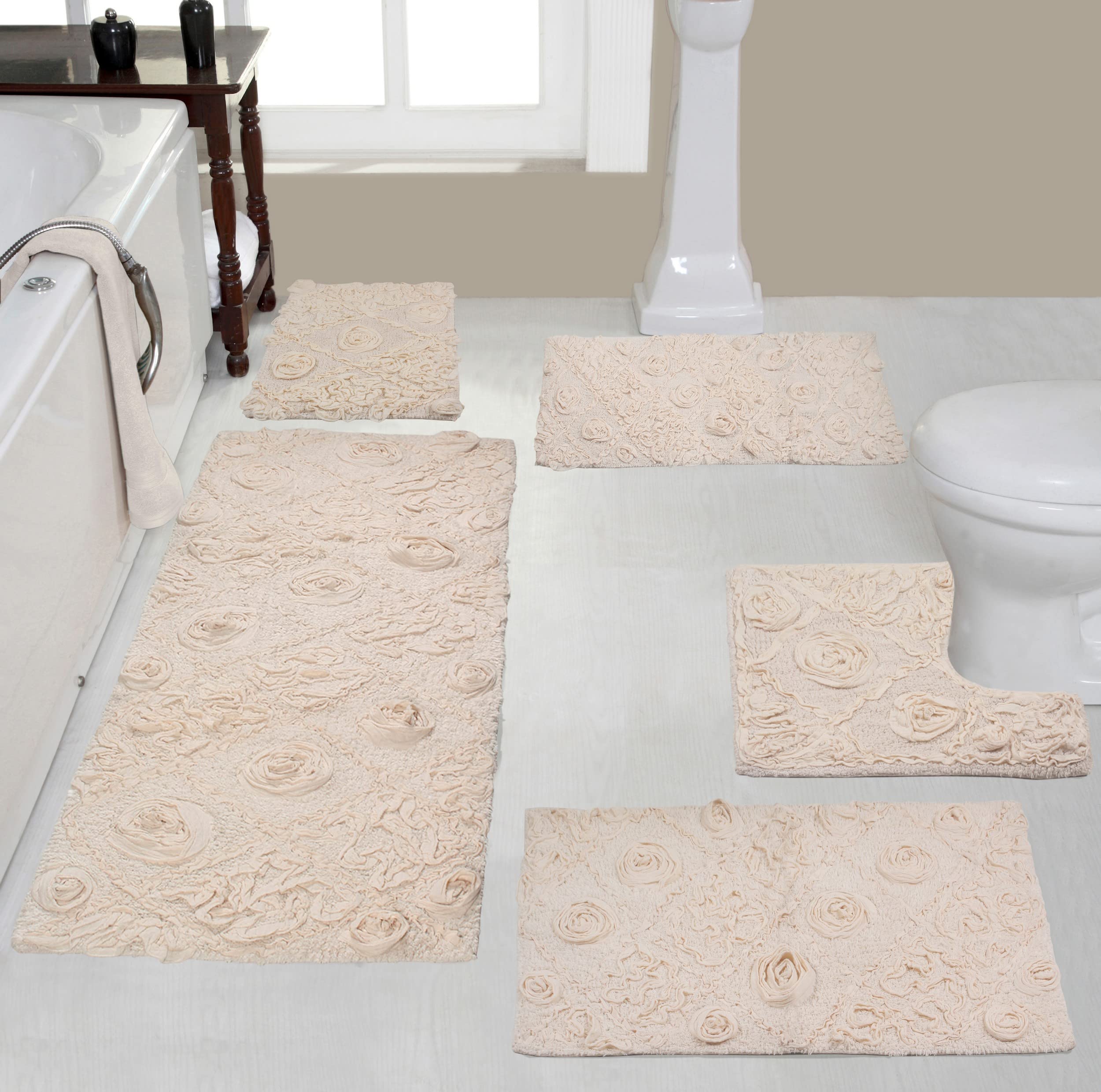 Premium 100% Cotton Bath Rug Set - 5 Piece Non-Slip Washable Bathroom Mats with Contour | Ultra Soft & Absorbent Ivory Bath Mats for Bathroom & Kitchen Floor | Perfect for Master Bath, Guest Bath & Laundry Room