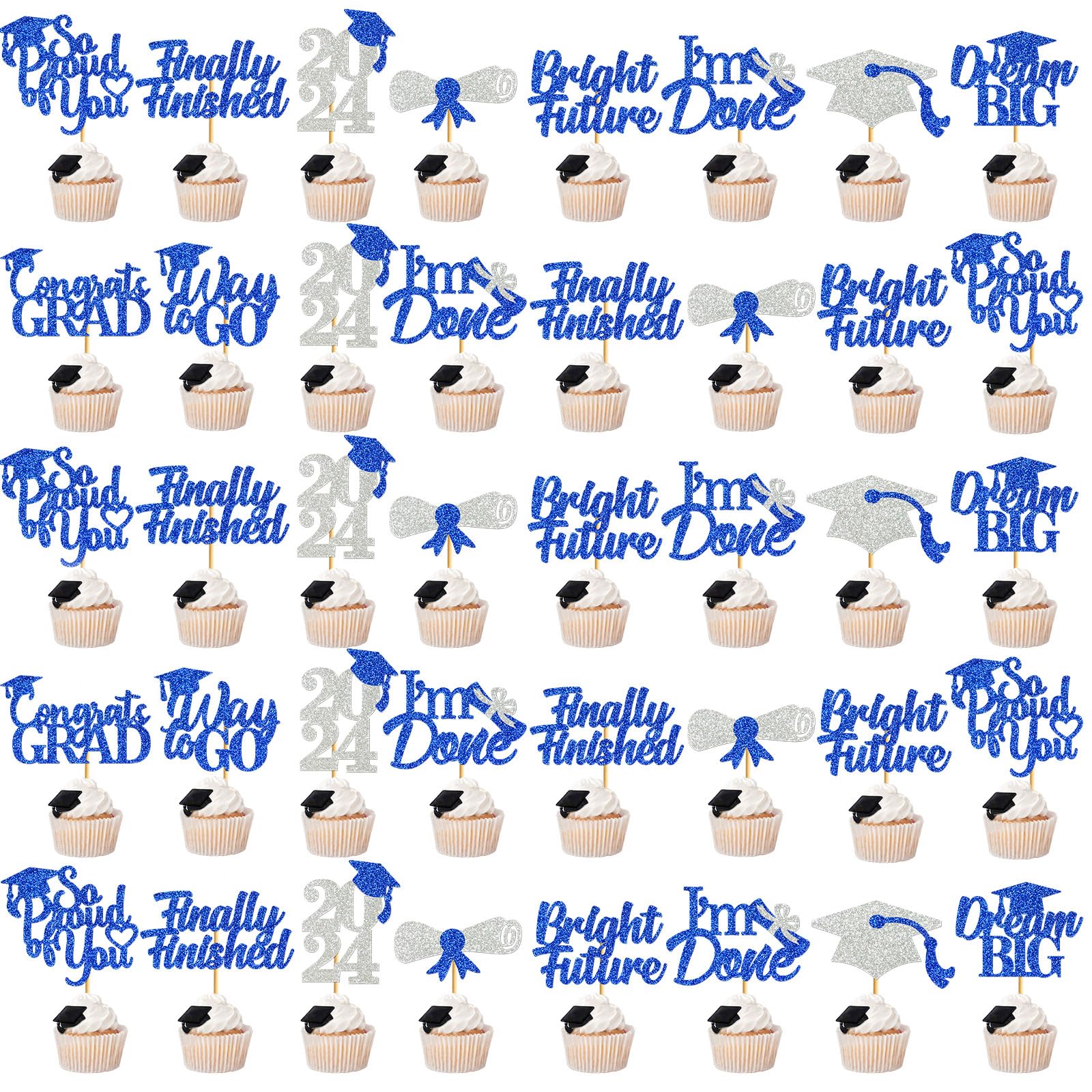 2024 Graduation Cupcake Toppers - Class of 2024 Party Decorations (Blue & Silver, 40Pcs) | Perfect for Graduation Parties, School Celebrations & Dessert Table Decor