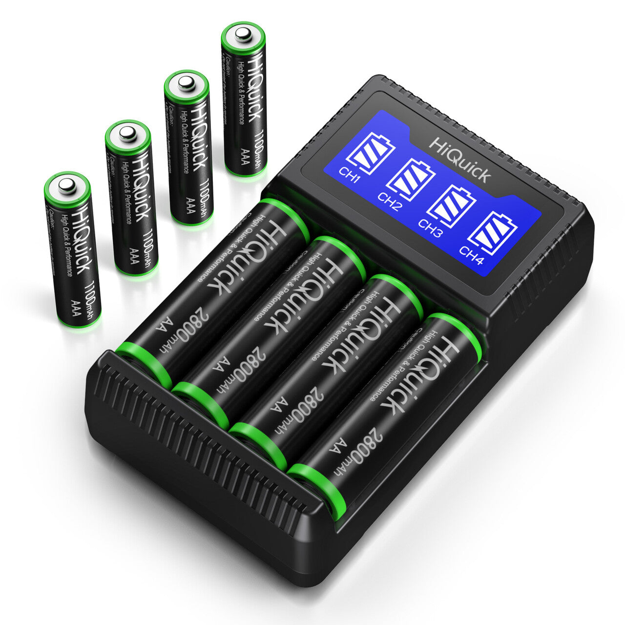 HiQuick Rechargeable AA AAA Batteries with Charger - 8 Pack High Capacity NiMH Batteries for Digital Cameras, Toys, Flashlights & More - Includes 4 AA & 4 AAA Batteries with Smart Charger