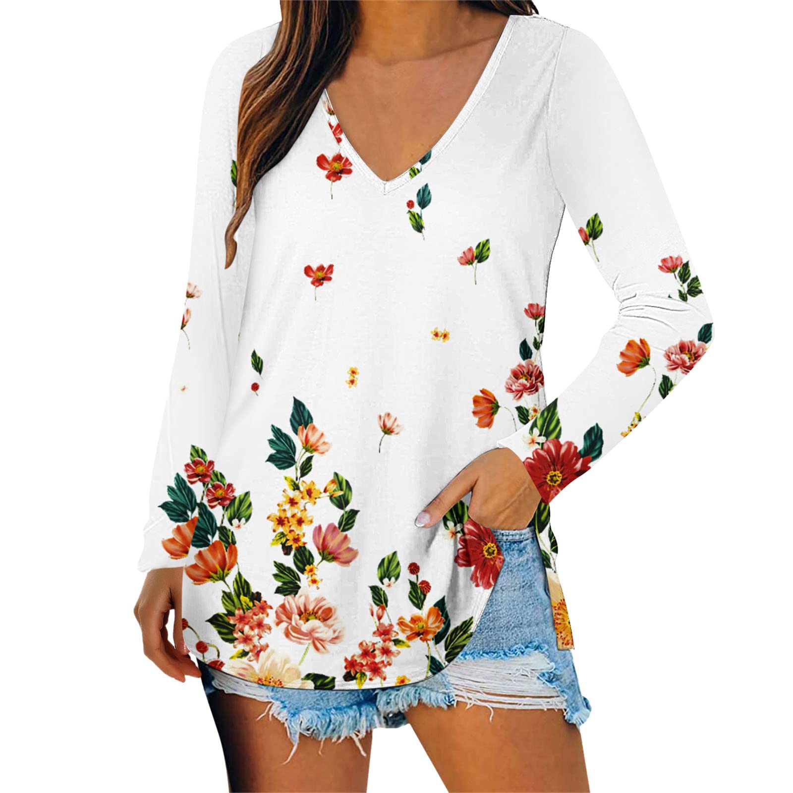 Women's Floral Print V-Neck T-Shirt Blouse - Casual & Dressy Short/Long Sleeve Tops for Work, Date Night & Everyday Wear