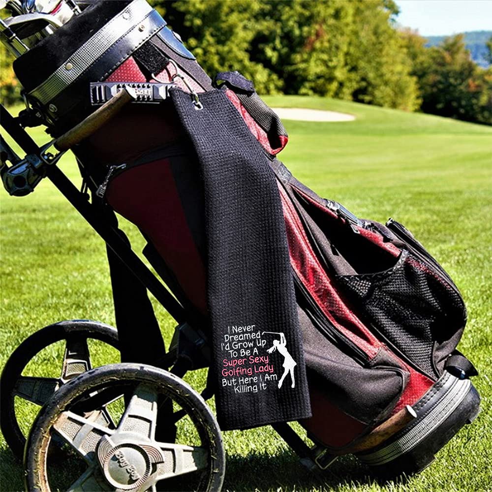 Funny Embroidered Golf Towel with Clip - Super Sexy Lady Design for Golf Bags | Perfect Golf Gift for Men & Women | Birthday, Retirement Gift Idea for Golf Lovers | Great for Course, Practice & Clubhouse Use