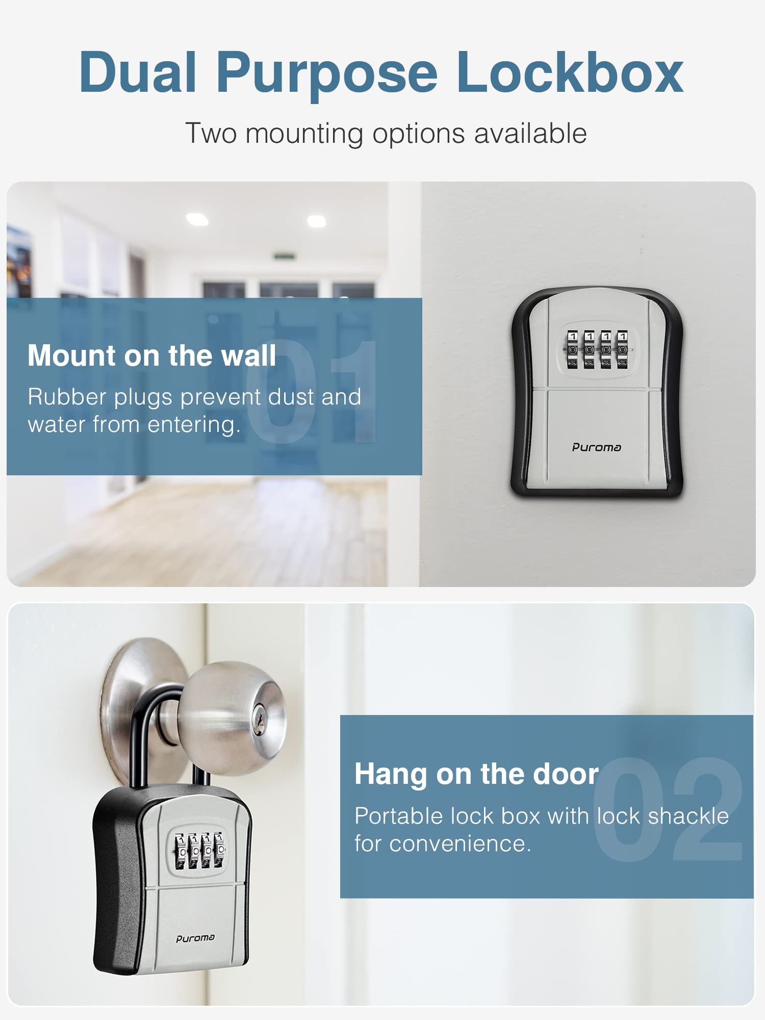 Puroma Key Lock Box - Portable Wall-Mounted Combination Lock Box with Resettable Code for Secure Key Storage (2 Pack) | Ideal for Home, Office, Garage & Apartment Spare Keys | Weatherproof Outdoor Key Safe for Vacation Rental & Property Management