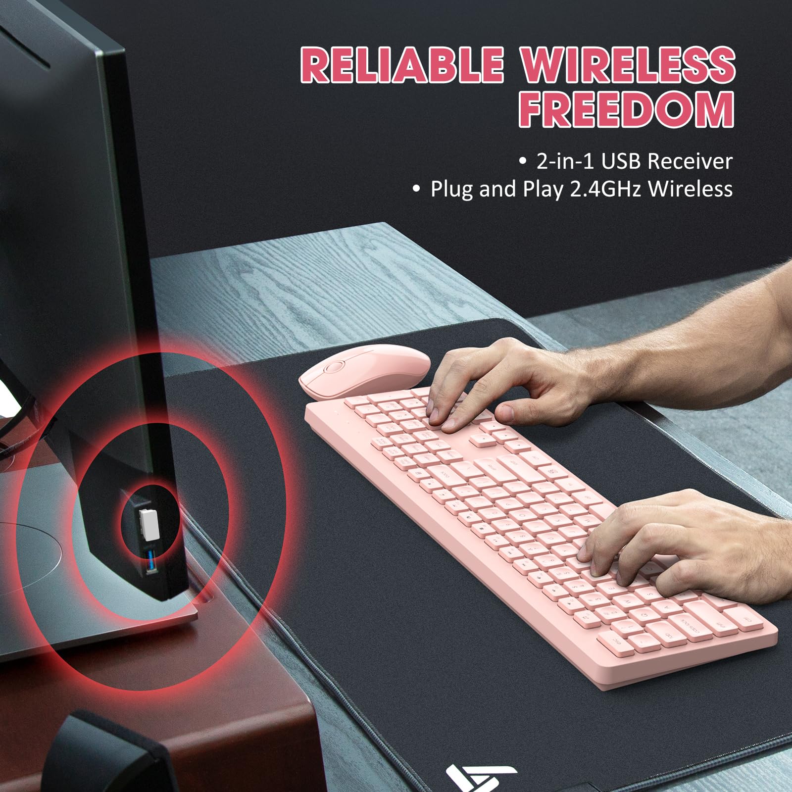 Wireless Keyboard and Mouse Combo - 2.4GHz Ultra-Slim USB Keyboard with Water-Resistant Keycaps & 12 Shortcut Keys - Compatible with Windows XP/7/8/10, Vista & Mac OS - Perfect for Office, Home & Gaming (Pink)