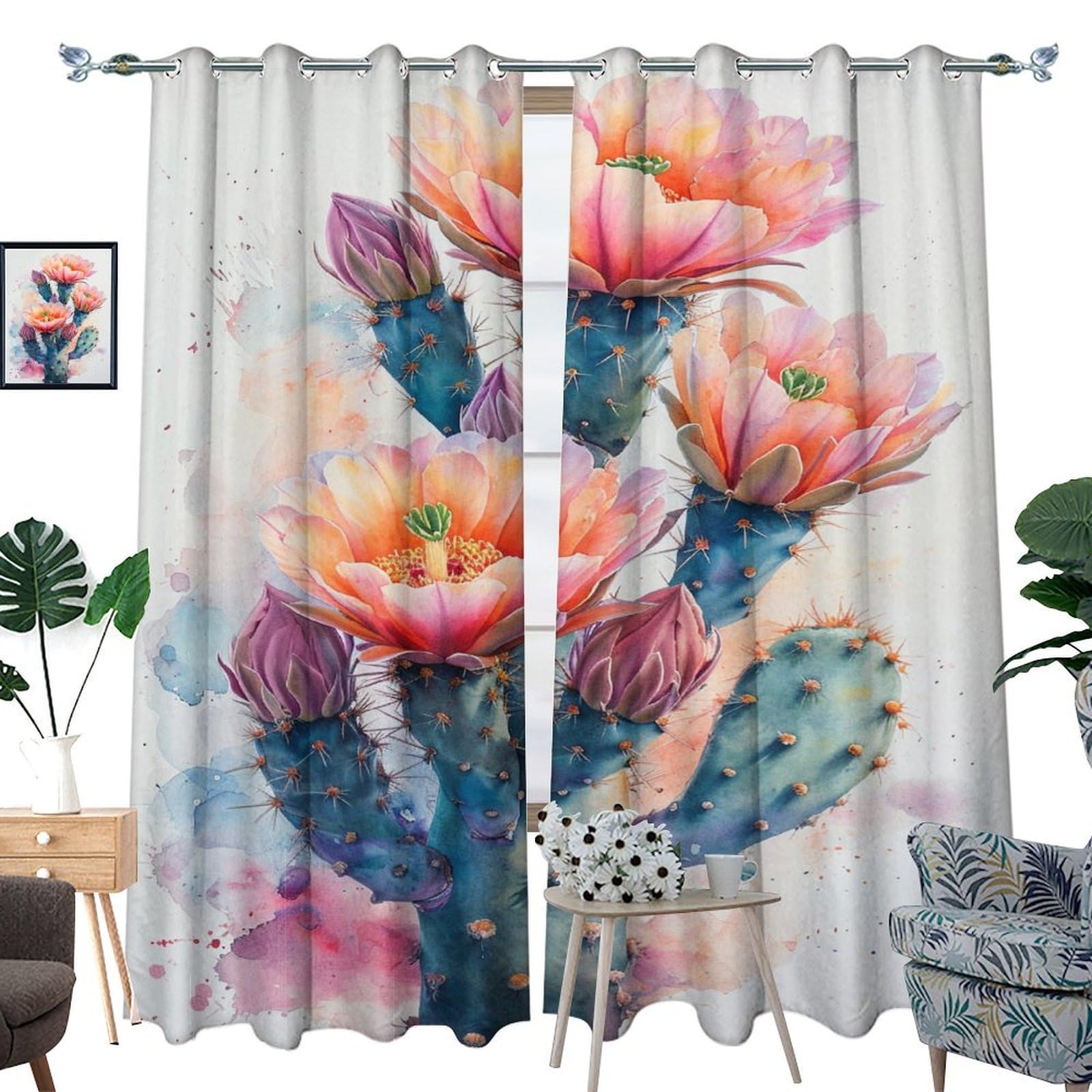 Premium Blackout Curtains 84x84 Inch - Cactus & Floral Print Thermal Insulated Drapes for Bedroom & Living Room | Farmhouse Decor, Noise Reduction, Light Blocking for Better Sleep & Home Privacy