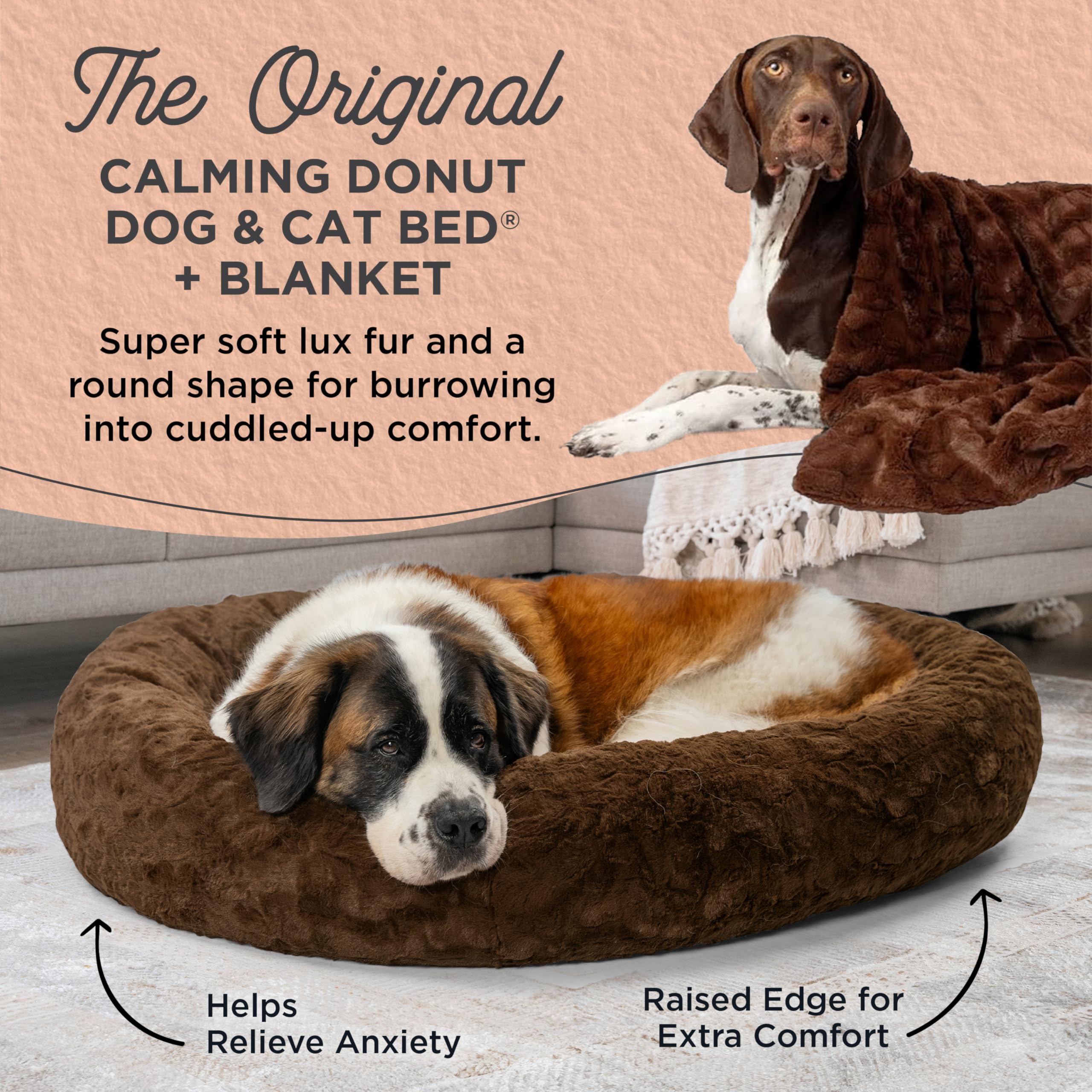Best Friends by Sheri Calming Lux Donut Cuddler Cat & Dog Bed with Pet Throw Blanket - Dark Chocolate Extra Large 45