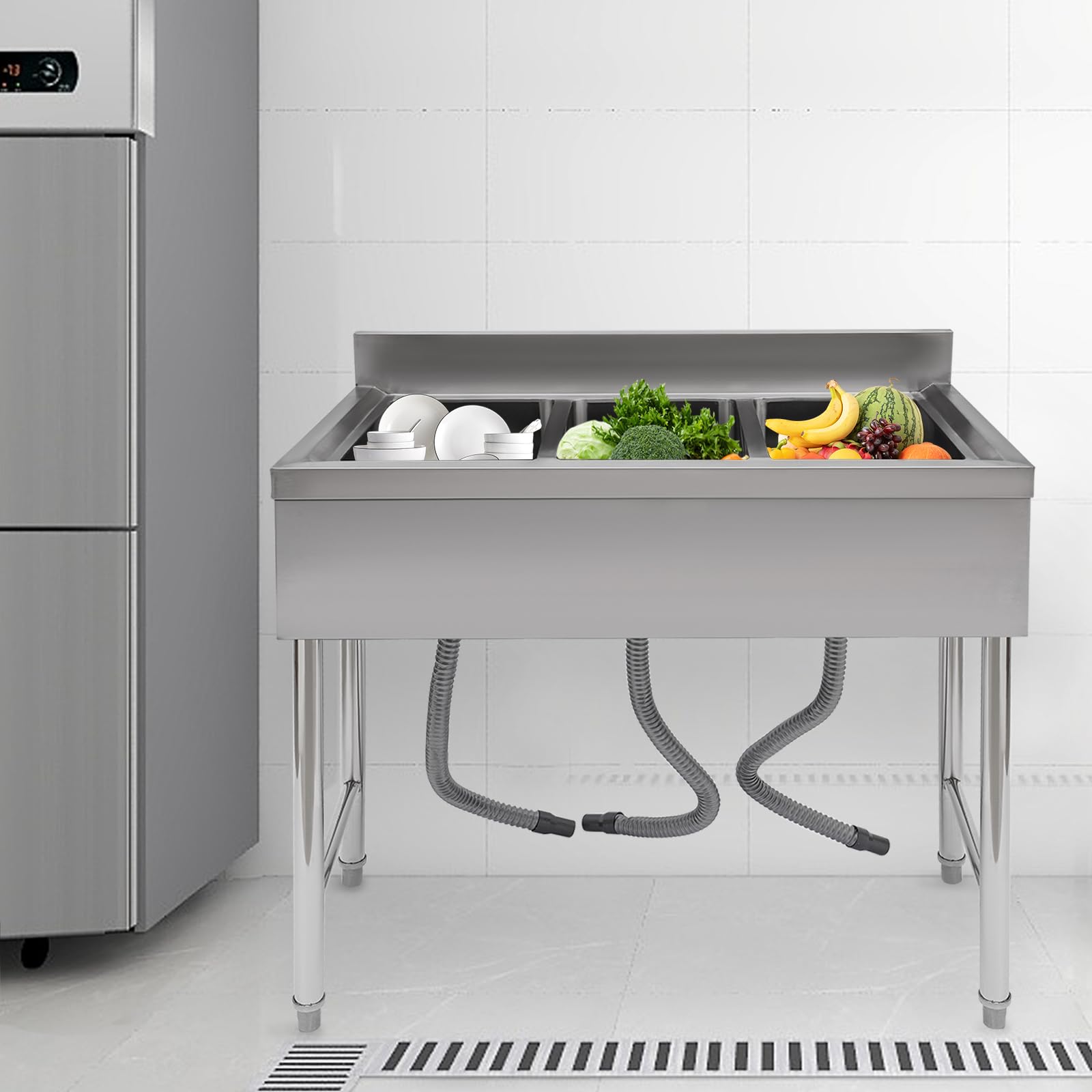 Premium 3-Compartment Stainless Steel Commercial Kitchen Sink Set with Faucet & Drainboard - Heavy Duty Restaurant Prep Sink for Indoor/Outdoor Use, Food Washing, Dish Cleaning & Hand Basin Utility