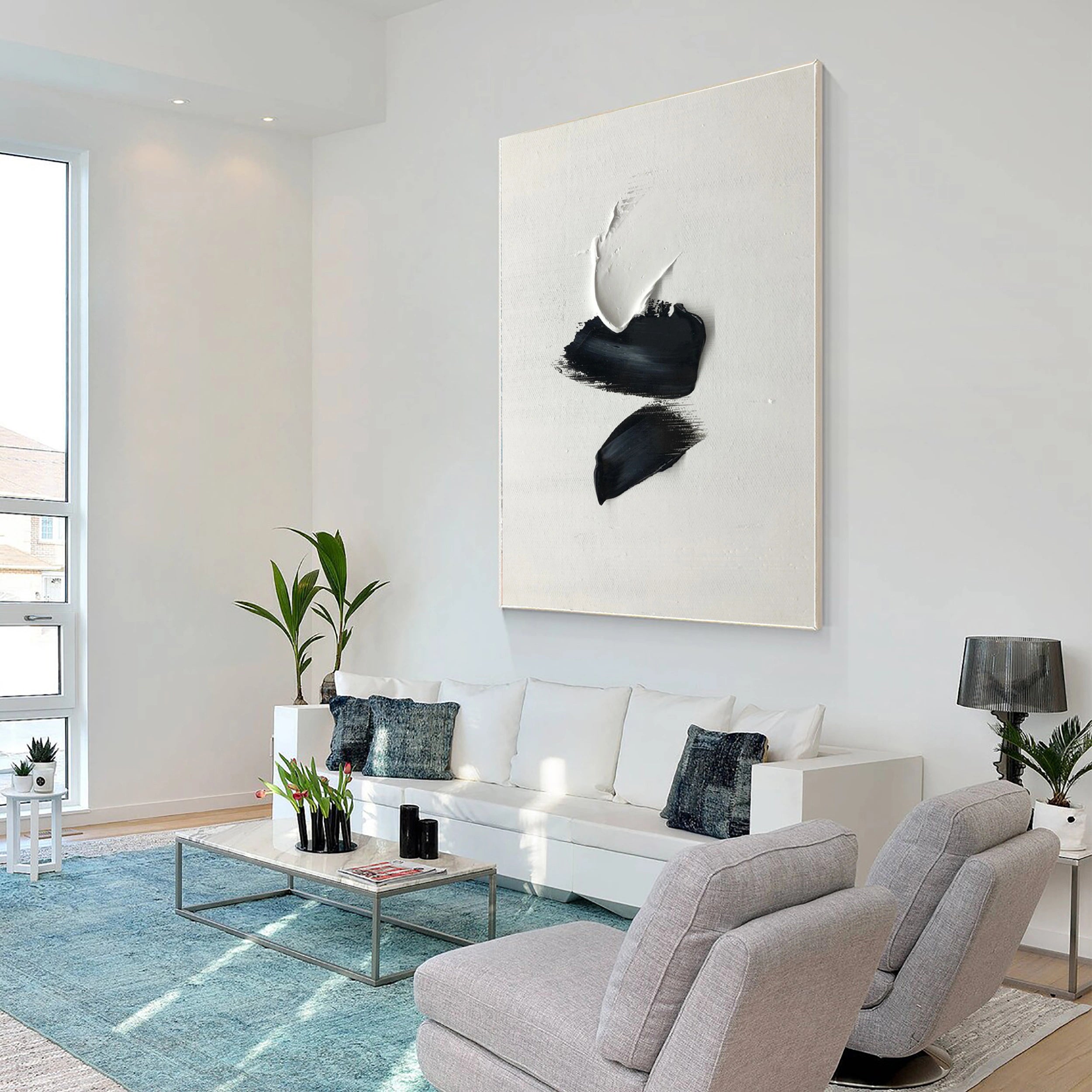 Custom Size White & Black Minimalist Textured Painting Canvas - Abstract Wall Art for Living Room, Bedroom & Office Decor #MM136