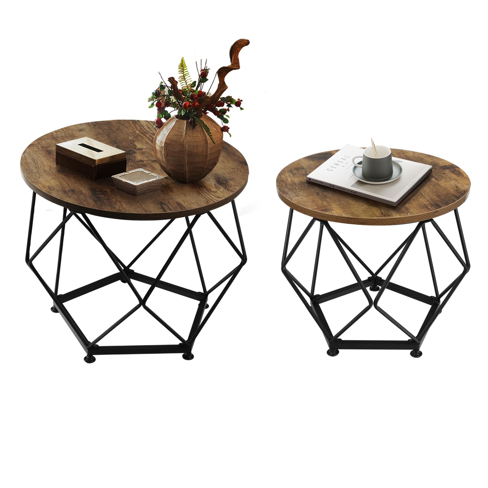 Modern Round Coffee Table Set of 2 - Wooden Top with Metal Frame Side Tables for Living Room, Bedroom, Home Office - Rustic Brown & Black End Tables | Perfect for Small Spaces, Farmhouse Decor & Coffee Nook Setup