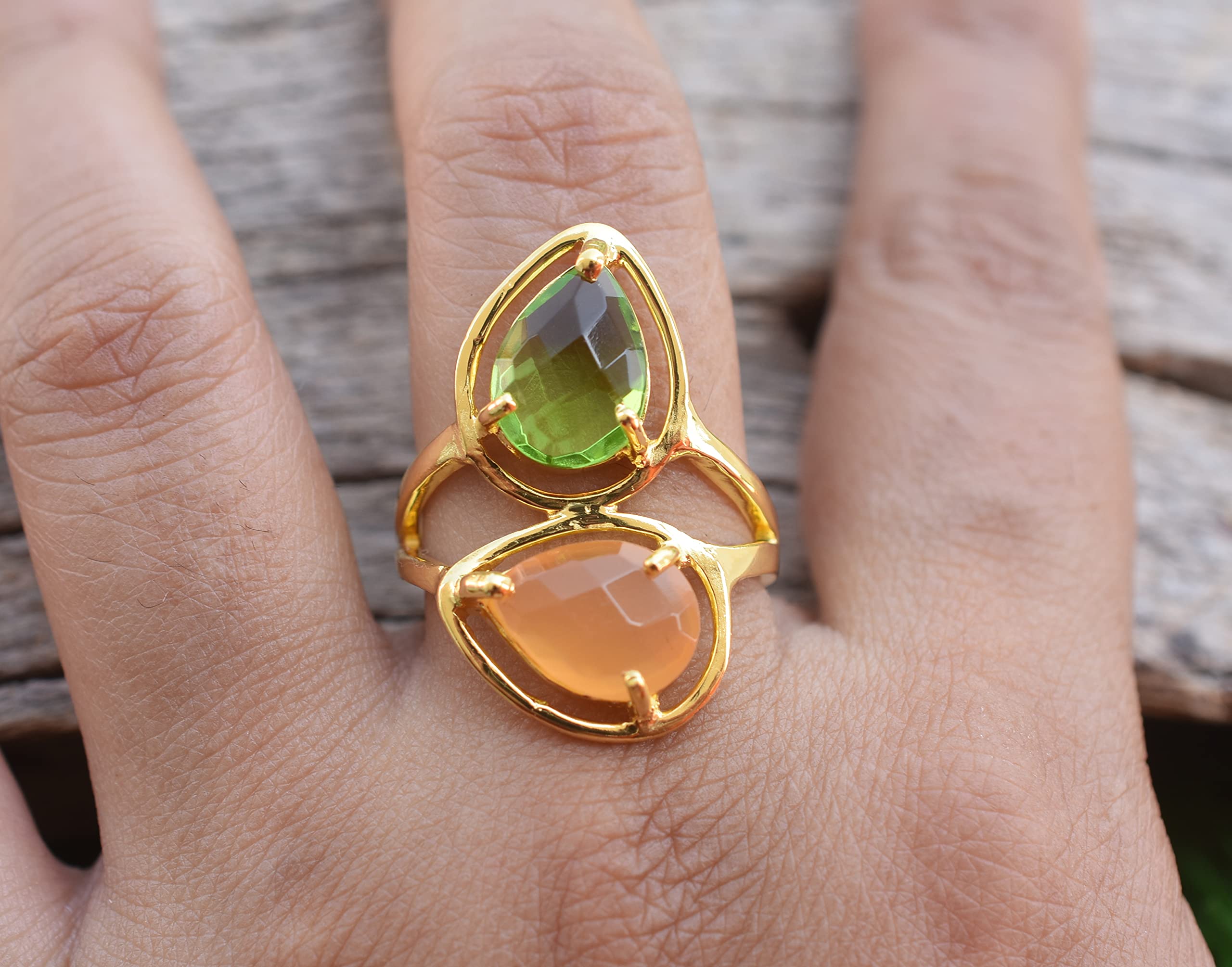 Veracity Jewelry 18K Gold Plated Peridot & Peach Moonstone Ring for Women - Handmade Multi Gemstone Ring - Elegant Gift for Girlfriend, Mother, Wife - Perfect for Weddings, Anniversaries & Special Occasions