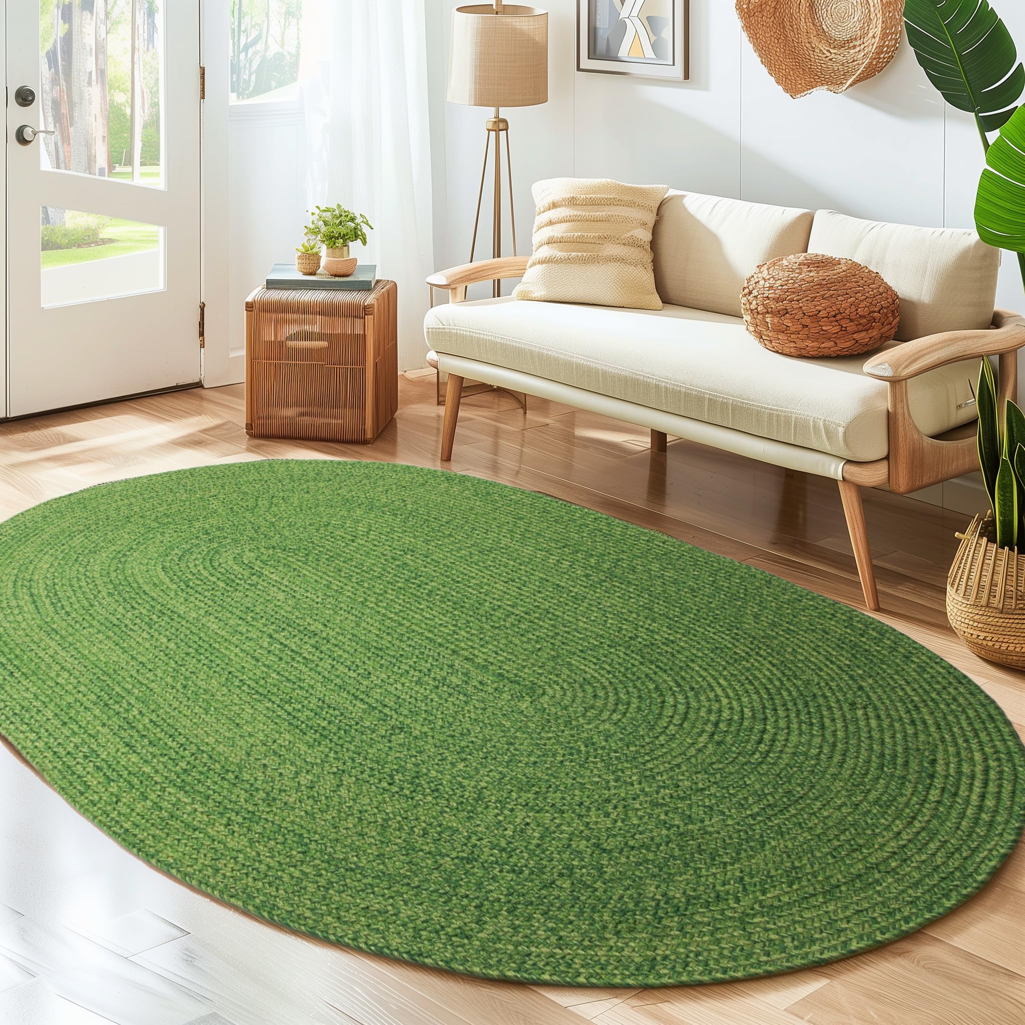 Super Soft Green Braided Area Rug 4x6ft - Indoor/Outdoor Farmhouse Woven Rug for Sunroom, Kitchen, Living Room & Patio Decor