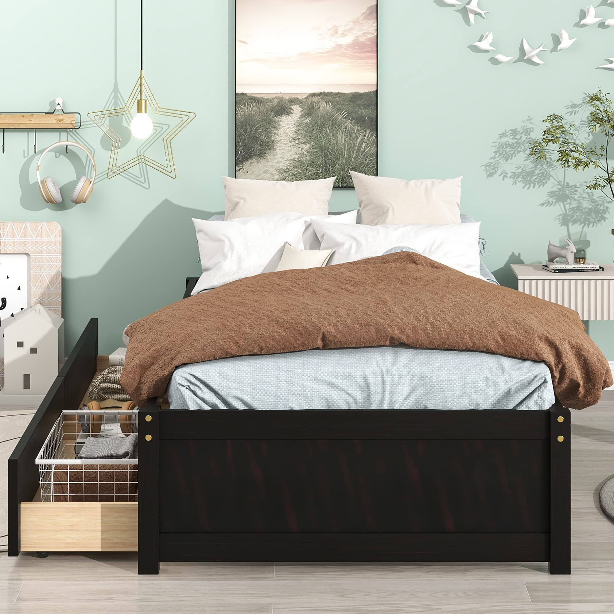 Twin Size Platform Bed Frame with 2 Storage Drawers - Solid Wood Captains Bed No Headboard for Kids & Teens (Espresso) | Space-Saving Bedroom Furniture for Small Rooms & Dormitories