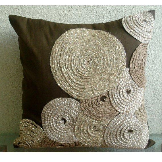 Adorned By Jute Brown Art Silk Decorative Euro Sham Pillow Cover - Luxury Bohemian Bedroom Decor for Couch, Sofa & Home Styling