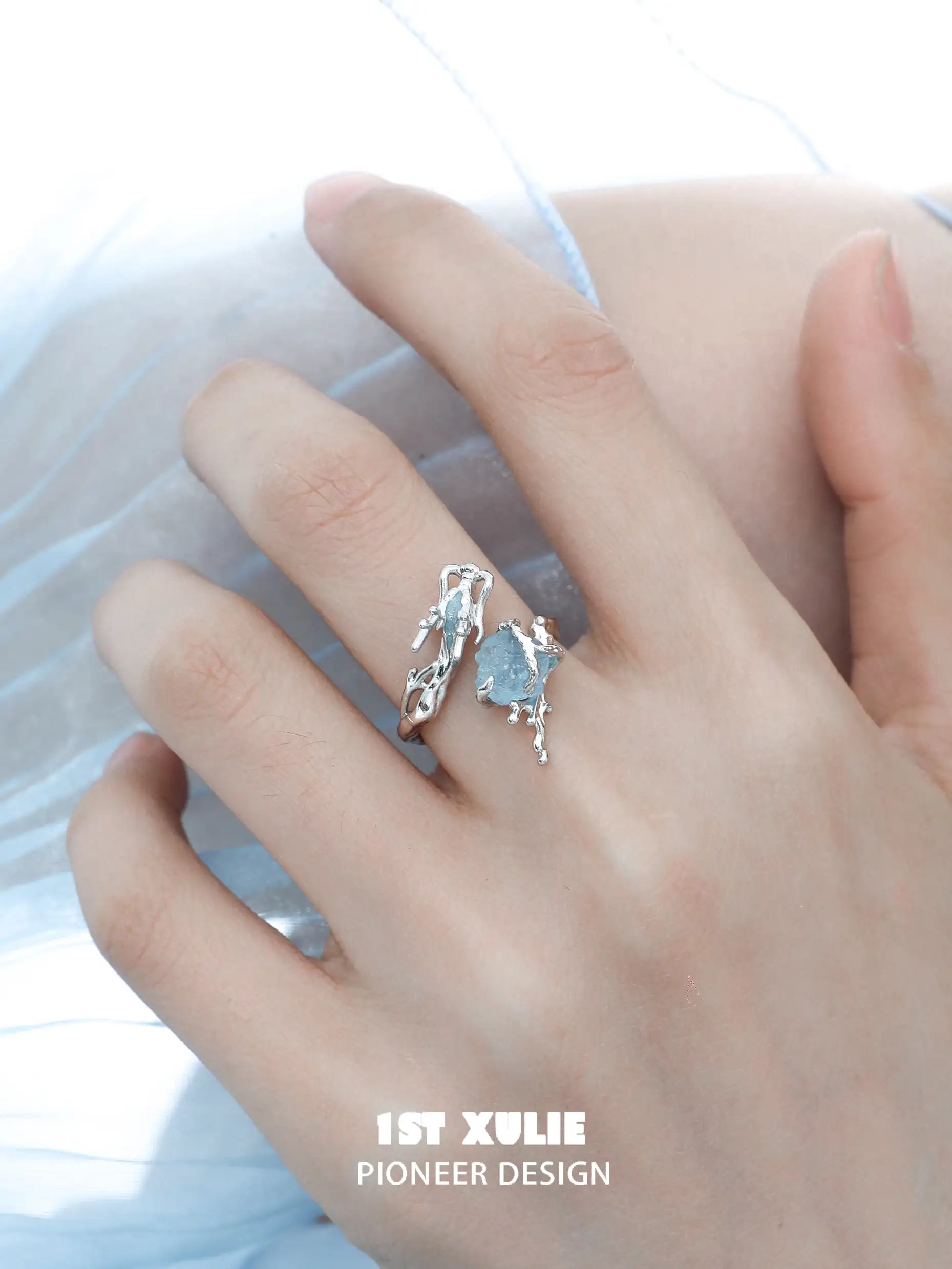 Loong Ling Loong Aquamarine S925 Sterling Silver Adjustable Open Ring for Women - Elegant Stackable Boho Jewelry Gift for Birthday, Anniversary & Everyday Wear
