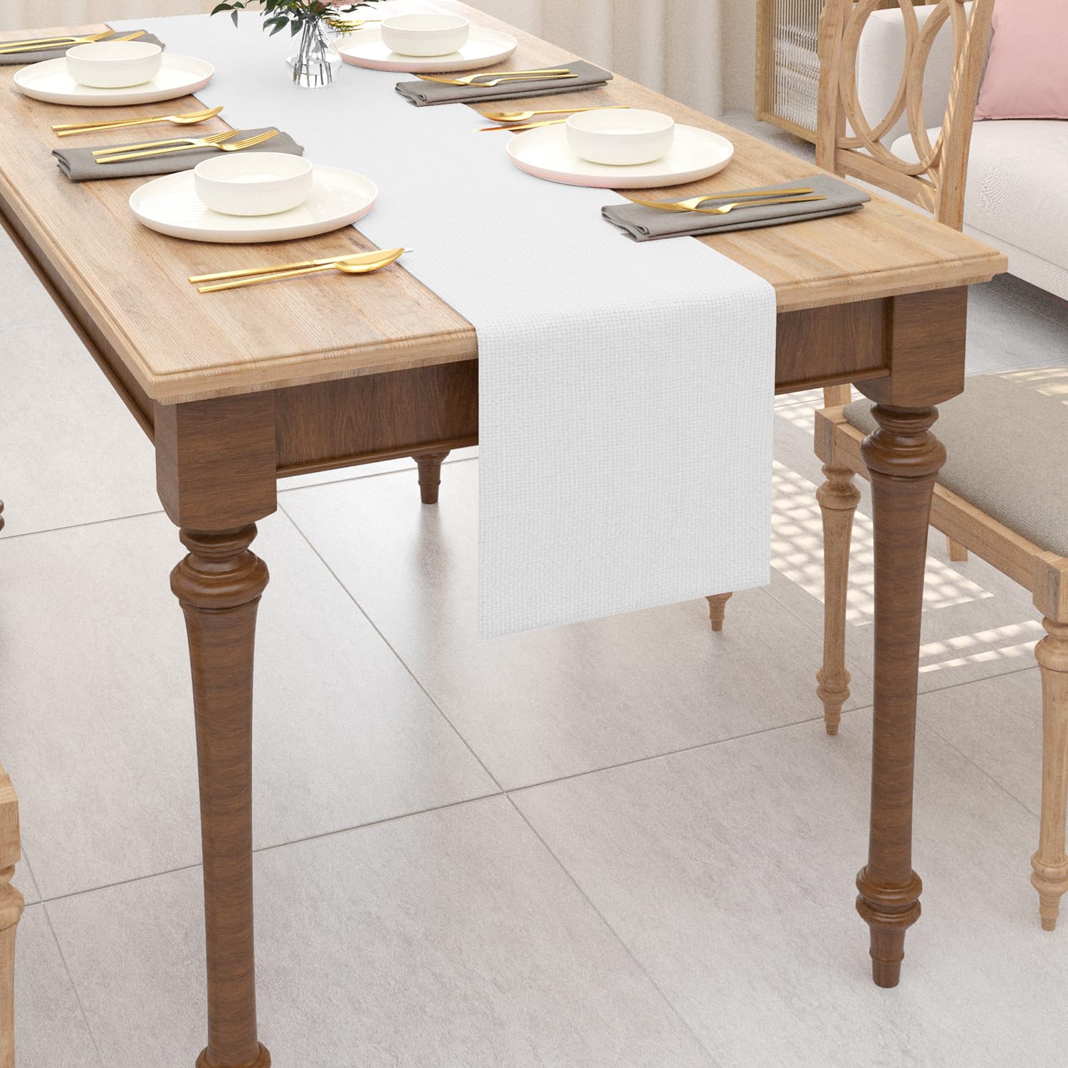 12x36 Inch Farmhouse Burlap Table Runner - Pure White Cotton Dining Tablecloth for Kitchen, Coffee Table, Holiday Party & Wedding Decor