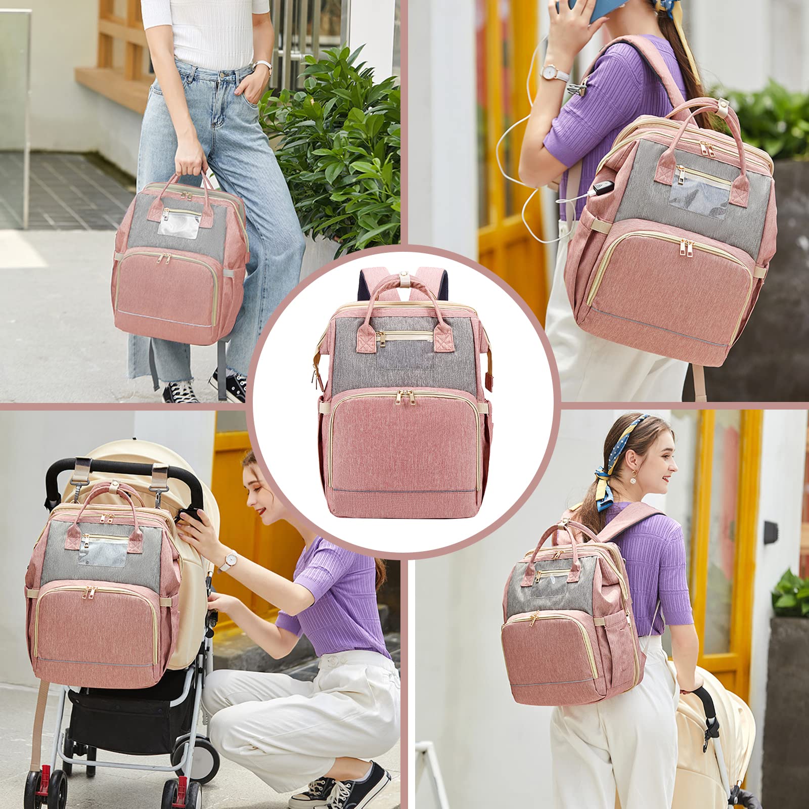 Waterproof Diaper Backpack for Baby Boys & Girls - Large Travel Diaper Bag with USB Charging Port - Multifunctional Parent Backpack for Moms & Dads (Pink Grey) - Perfect for Daycare, Travel & Outdoor Activities