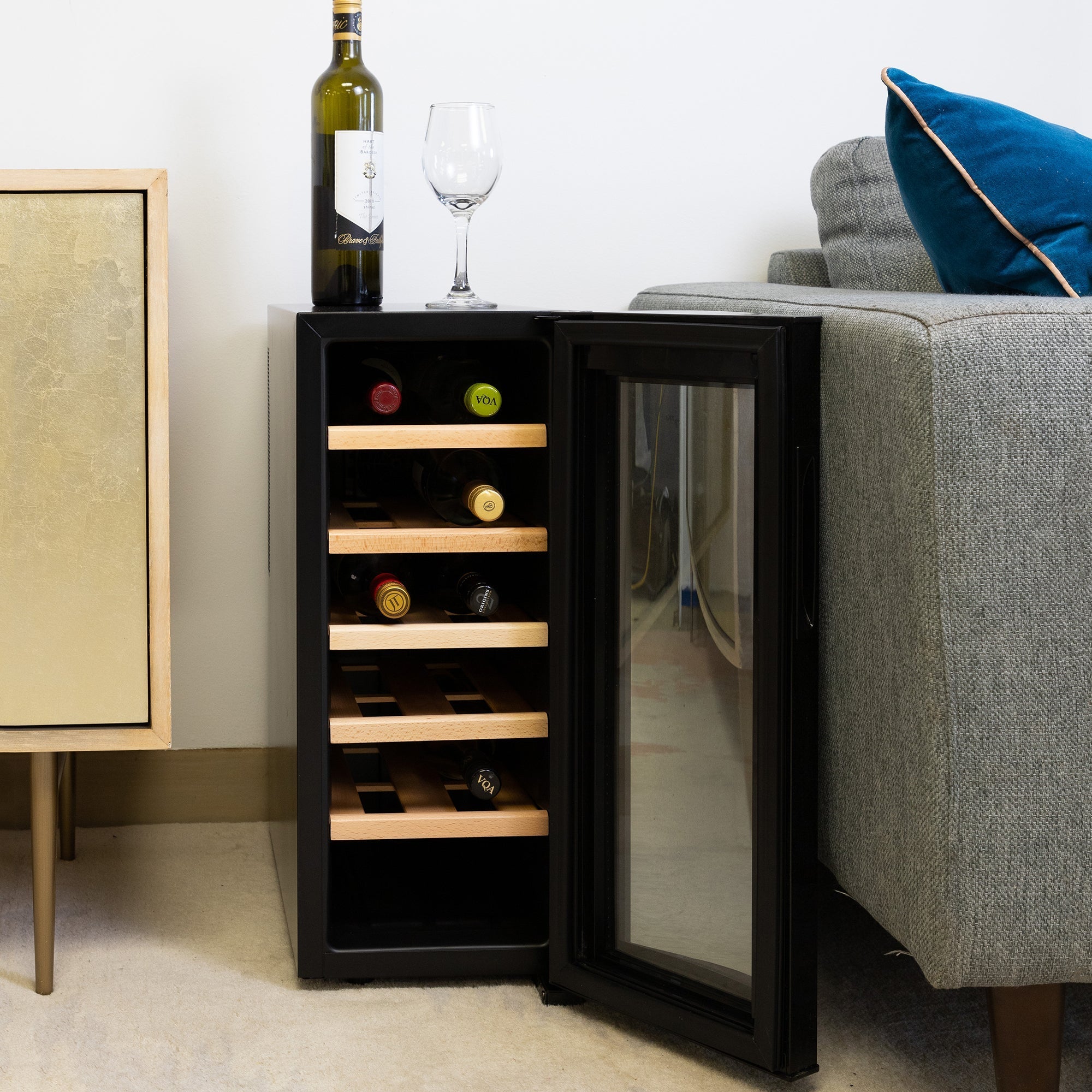 Koolatron Deluxe 12 Bottle Wine Cooler with Beech Wood Racks - 1 cu. ft. Thermoelectric Wine Fridge for Red, White & Sparkling Wines - Freestanding Wine Cellar for Kitchen, Home Bar or Office - Black