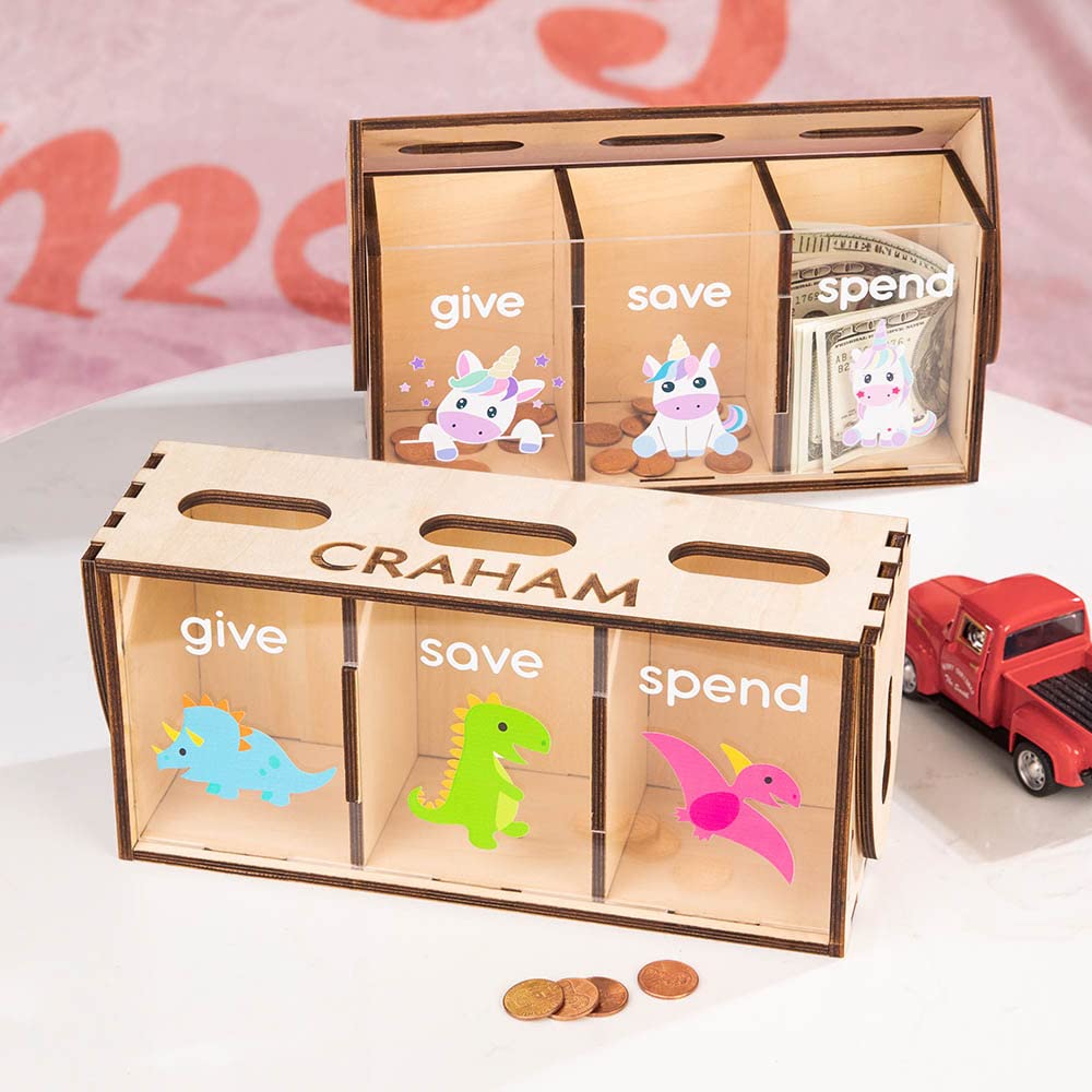 Dinosaur Wooden Piggy Bank for Kids - Large Capacity Coin Money Box with 3 Compartments, Engraving Name & Decorative Patterns | Fun Savings Gift for Boys & Girls (Christmas, Birthday, Toddler) - Perfect for Teaching Money Management & Room Decor