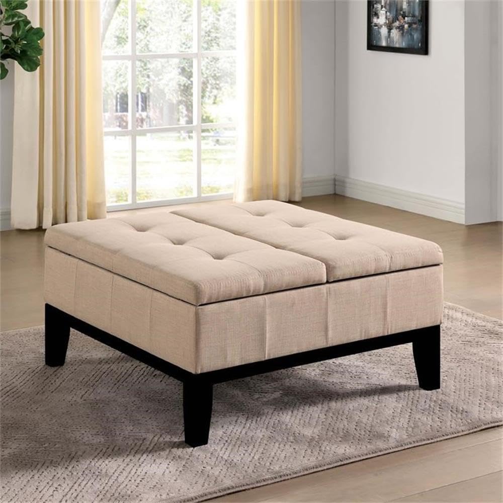 Furniture of America Fernee Transitional Fabric Storage Ottoman in Beige - Versatile Footrest, Extra Seating & Hidden Storage for Living Room, Bedroom or Office